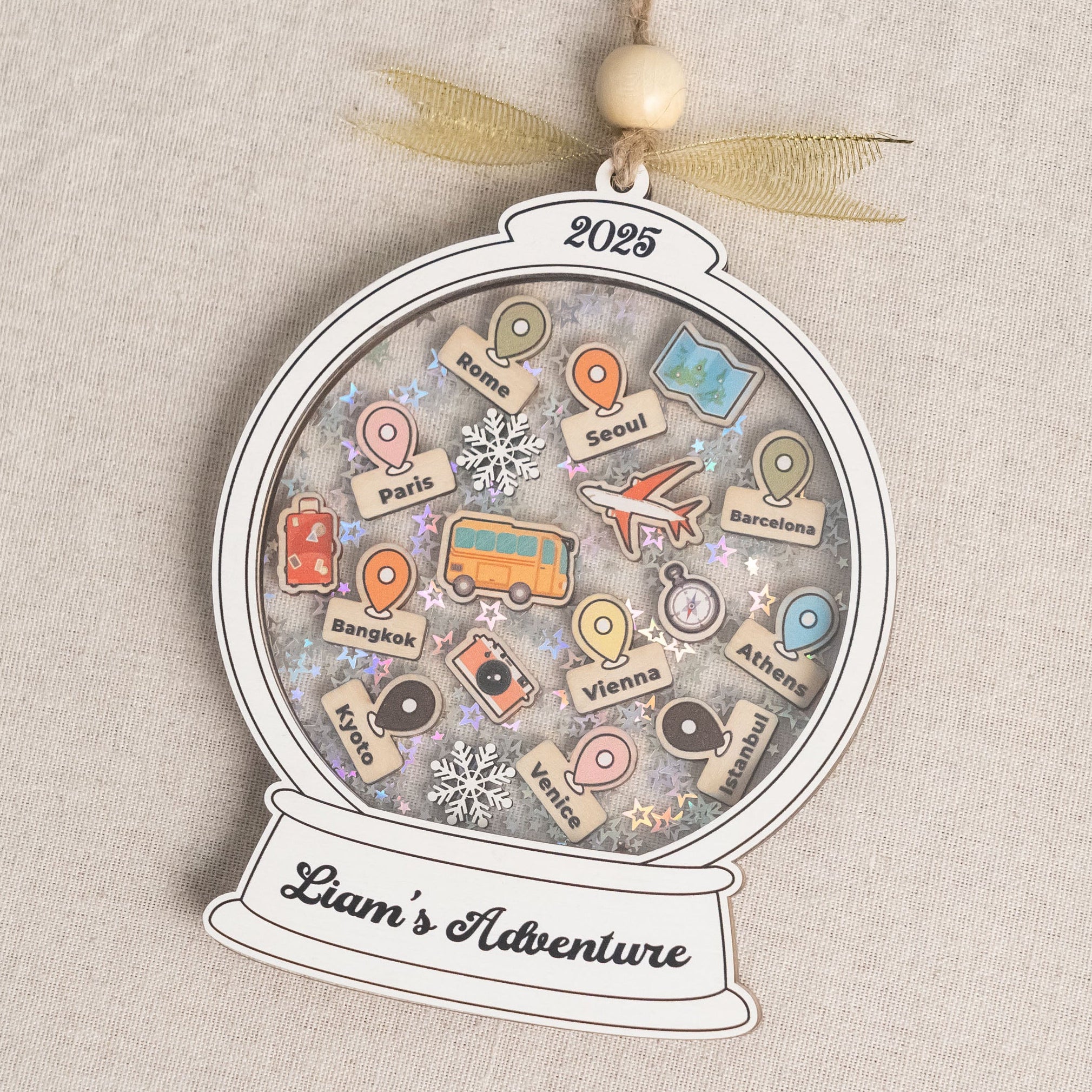 Personalized Travel Ornament Wood for Travel Keepsake and Decor D22