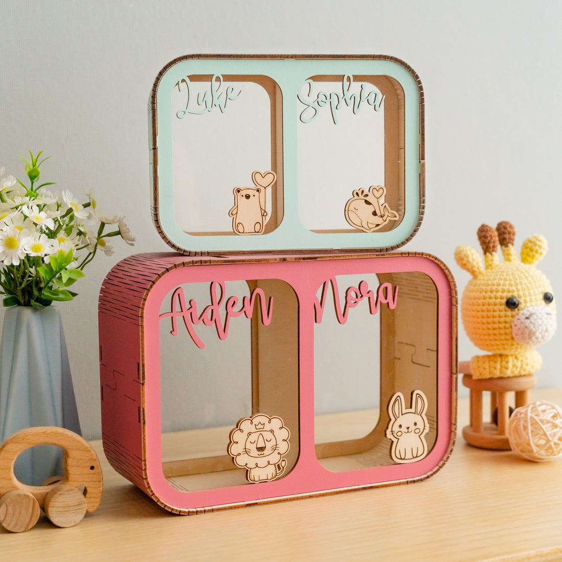 Personalized Wooden Piggy Bank Wood Acrylic Baby Room Decor Y27