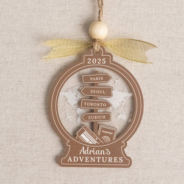 Personalized Travel Ornament Wood for Christmas Tree and Names D40