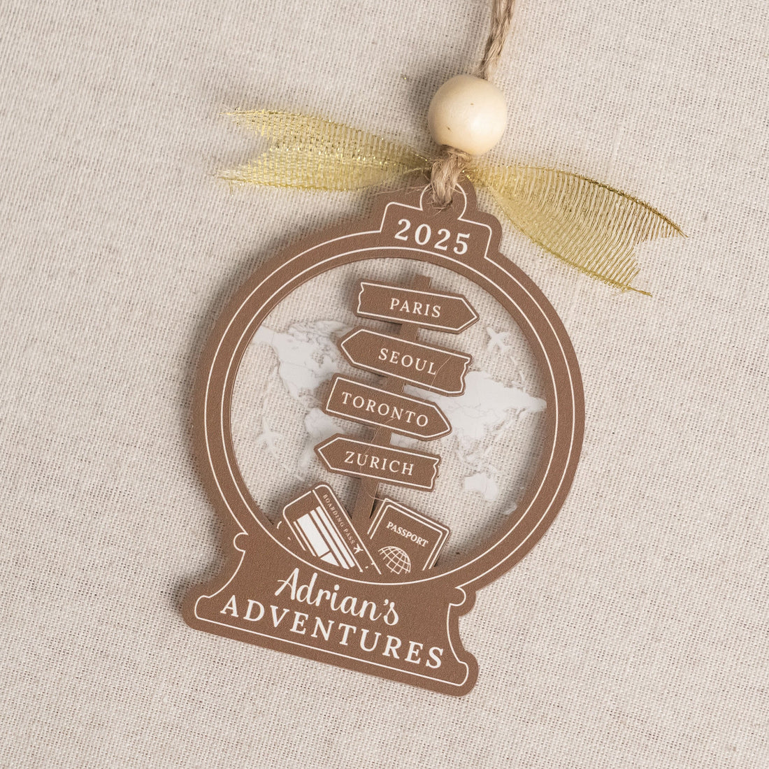 Personalized Travel Ornament Wood for Christmas Tree and Names D40