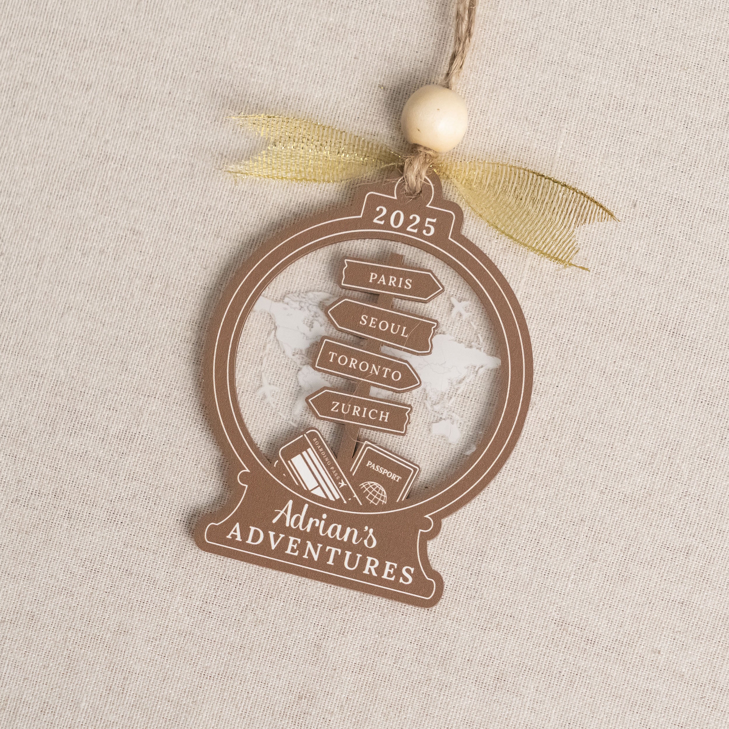 Personalized Travel Ornament Wood for Christmas Tree and Names D40