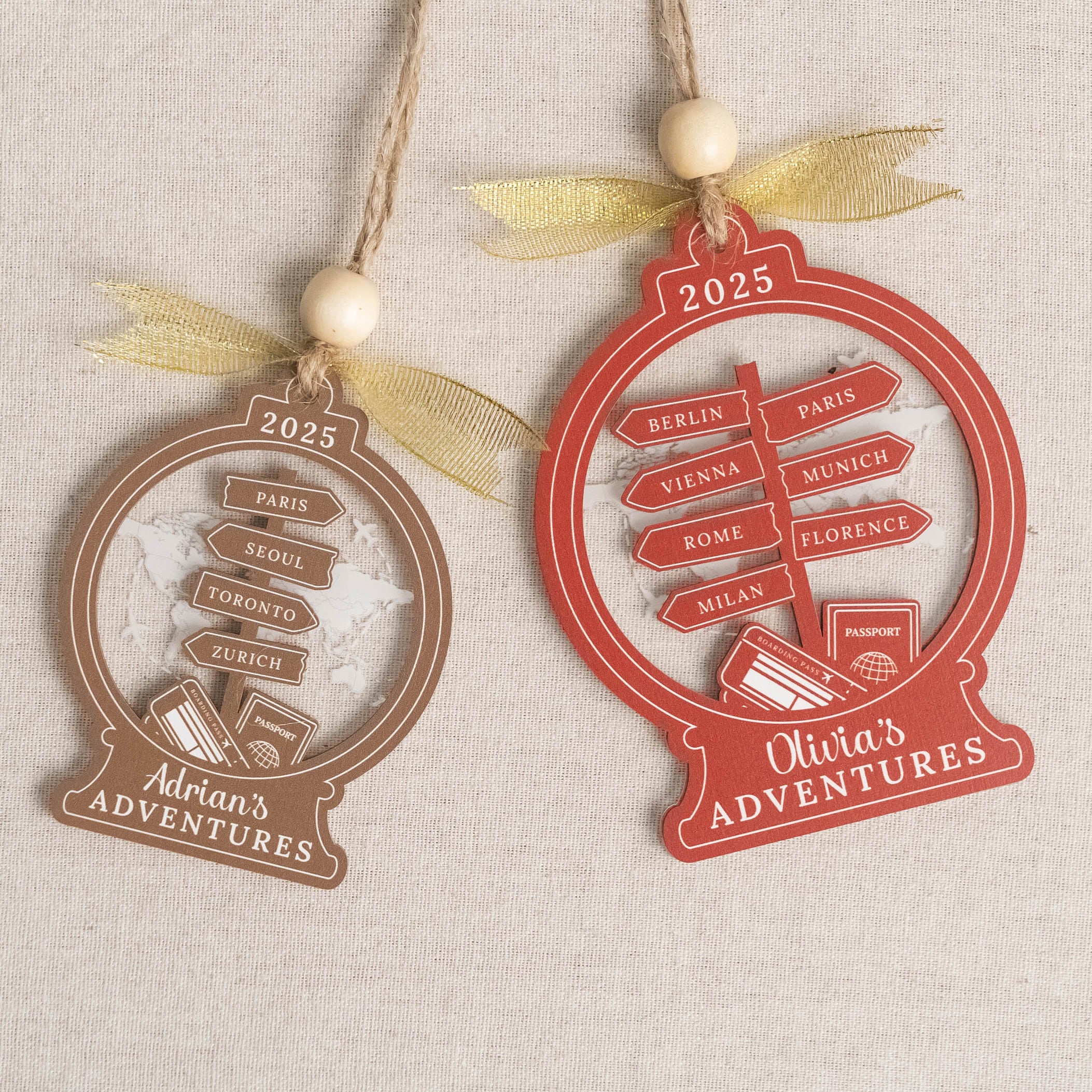 Personalized Travel Ornament Wood for Christmas Tree and Names D40