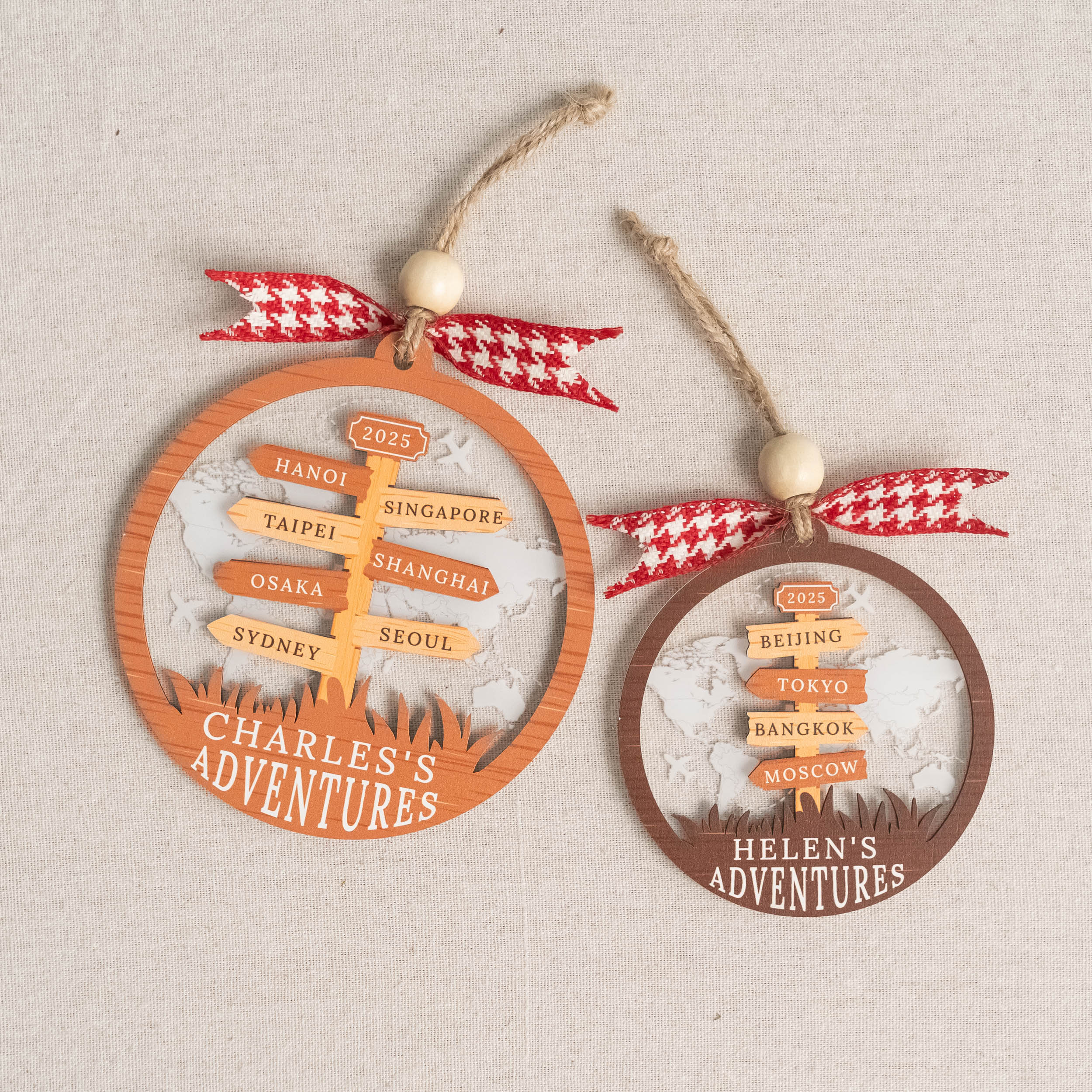 Personalized Travel Ornament Wood Acrylic for Tree Decor D41