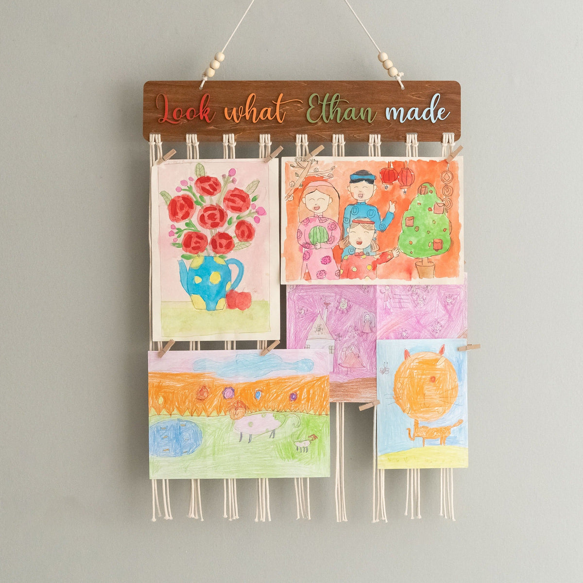 Macrame Kids Art Hanger Wood for Kids Art Display and Boho Decor I28