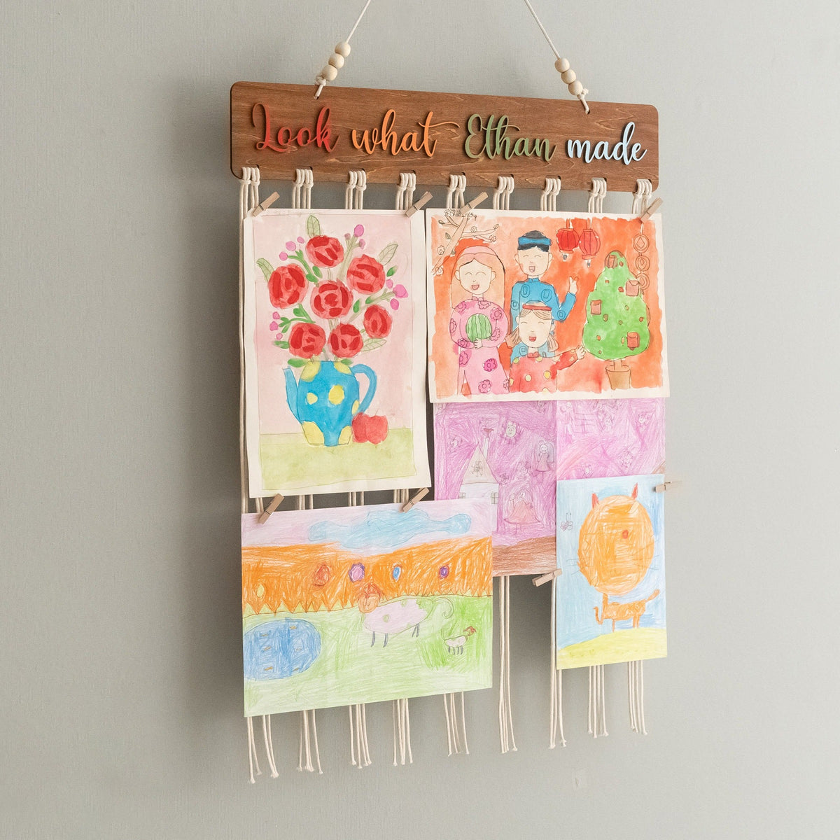 Macrame Kids Art Hanger for Kids Art Display and Wall Decor I28