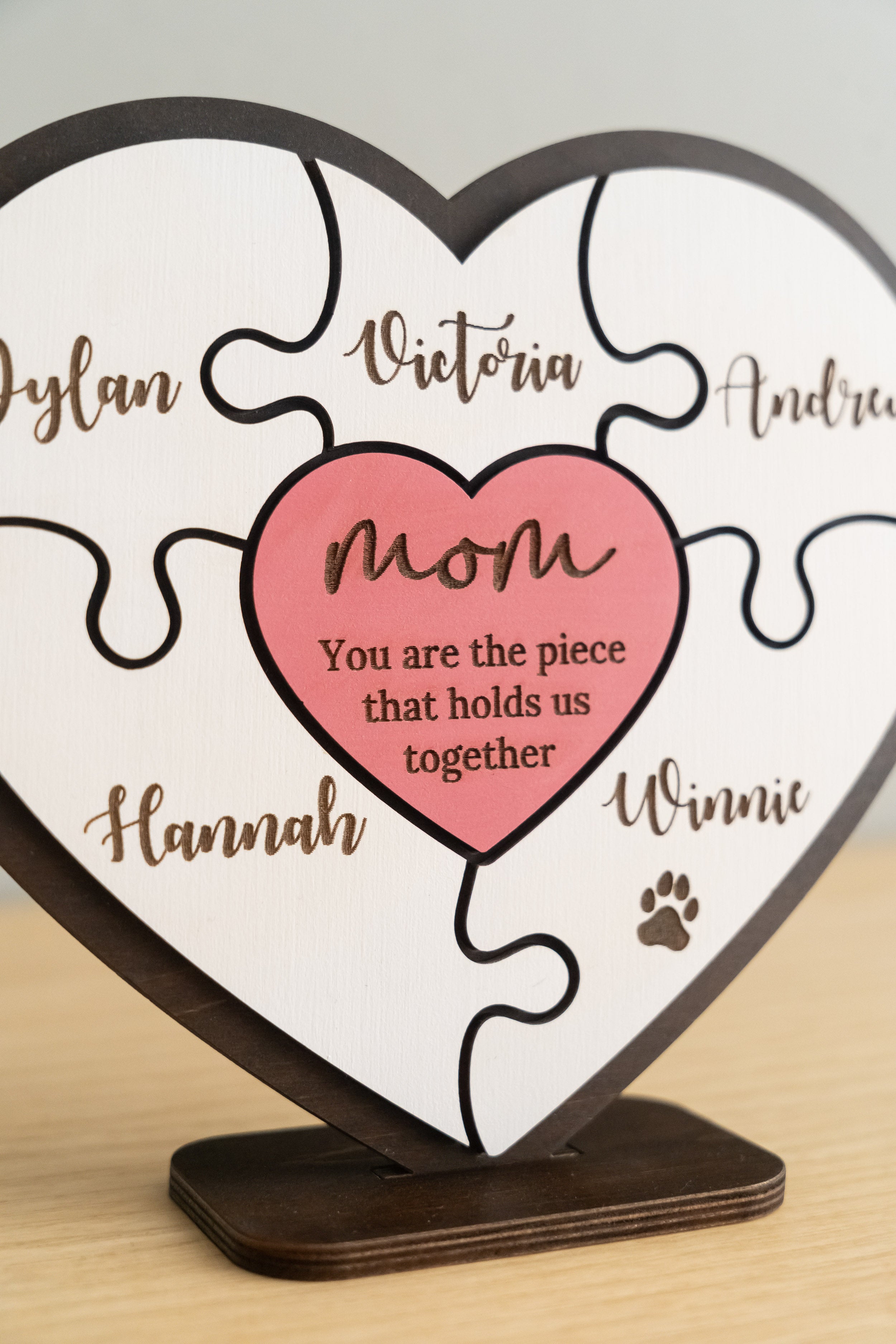 Personalized Wooden Heart Puzzle Frame for Mom Wooden Decor Gift for Mom and Personalized Puzzle Frame Round E95