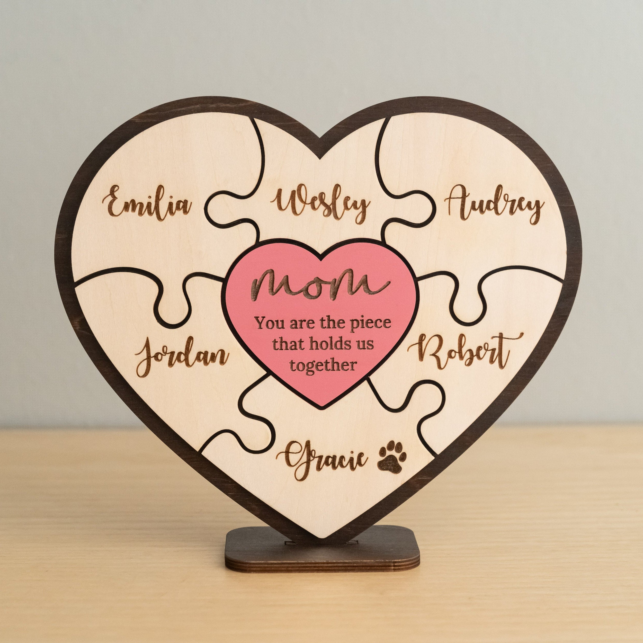 Personalized Wooden Heart Puzzle Frame for Mom Wood Gift for Grandma and Custom Family Puzzle Round E95