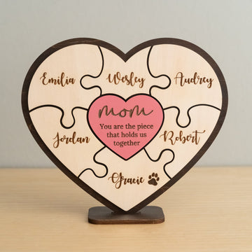 Personalized Wooden Heart Puzzle Frame for Mom Wood Gift for Grandma and Custom Family Puzzle Round E95