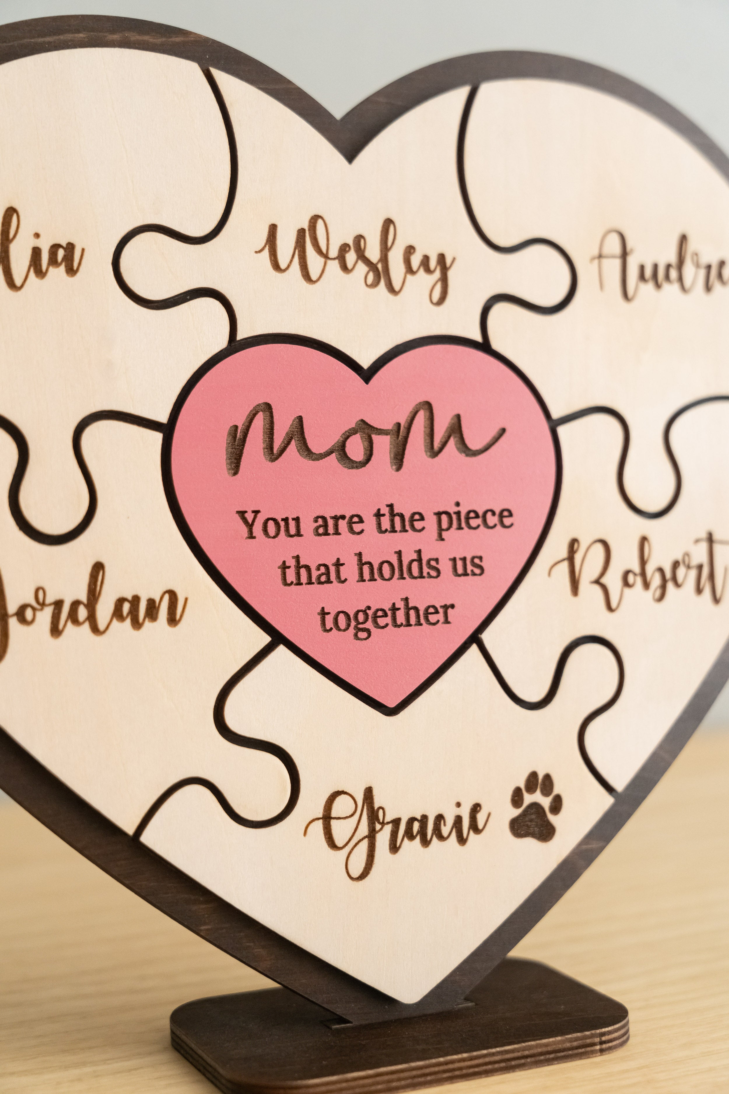 Personalized Wooden Heart Puzzle Frame for Mom Wood Gift for Grandma and Custom Family Puzzle Round E95
