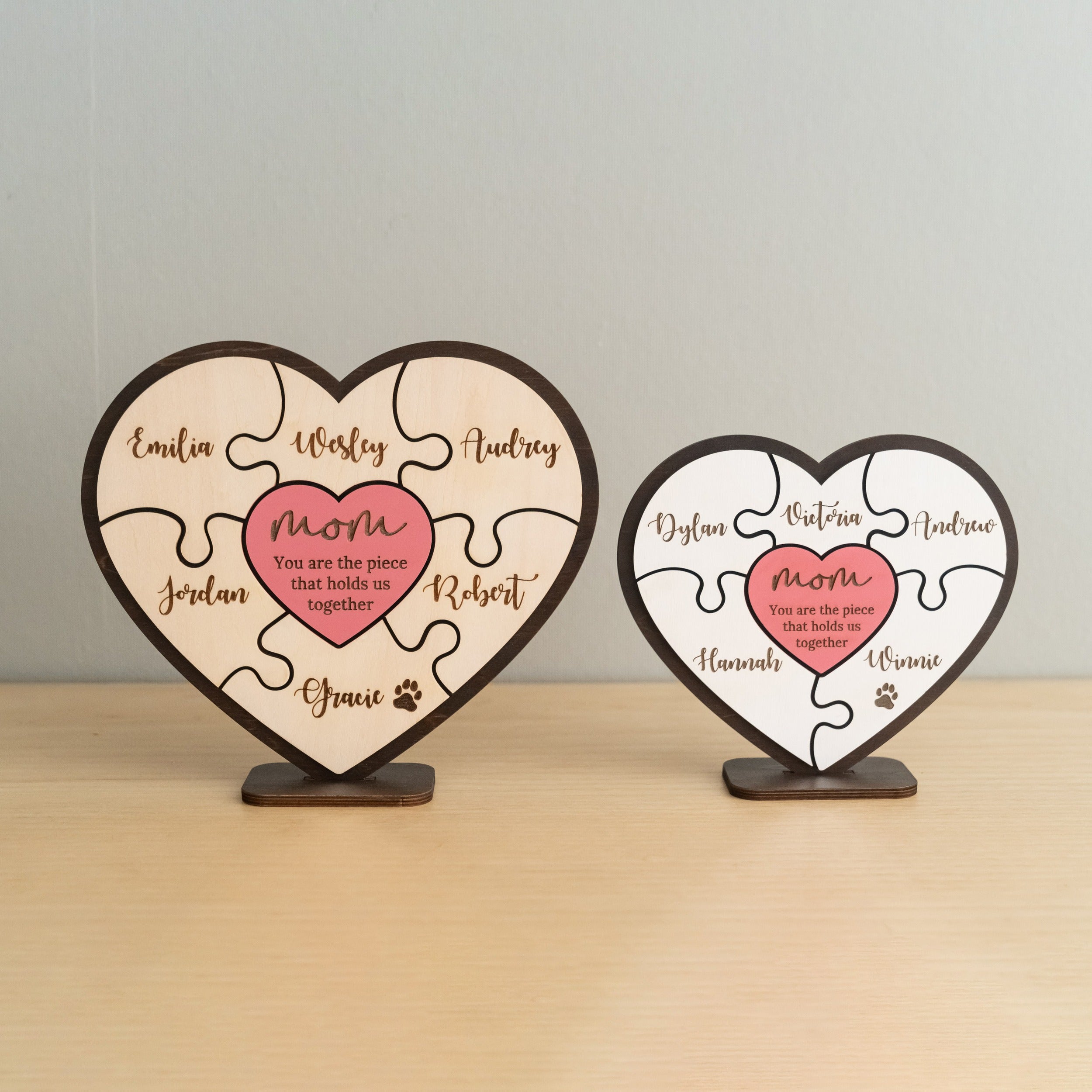 Personalized Wooden Heart Puzzle Frame for Mom Wood Mothers Day Gift and Custom Family Puzzle Round E95