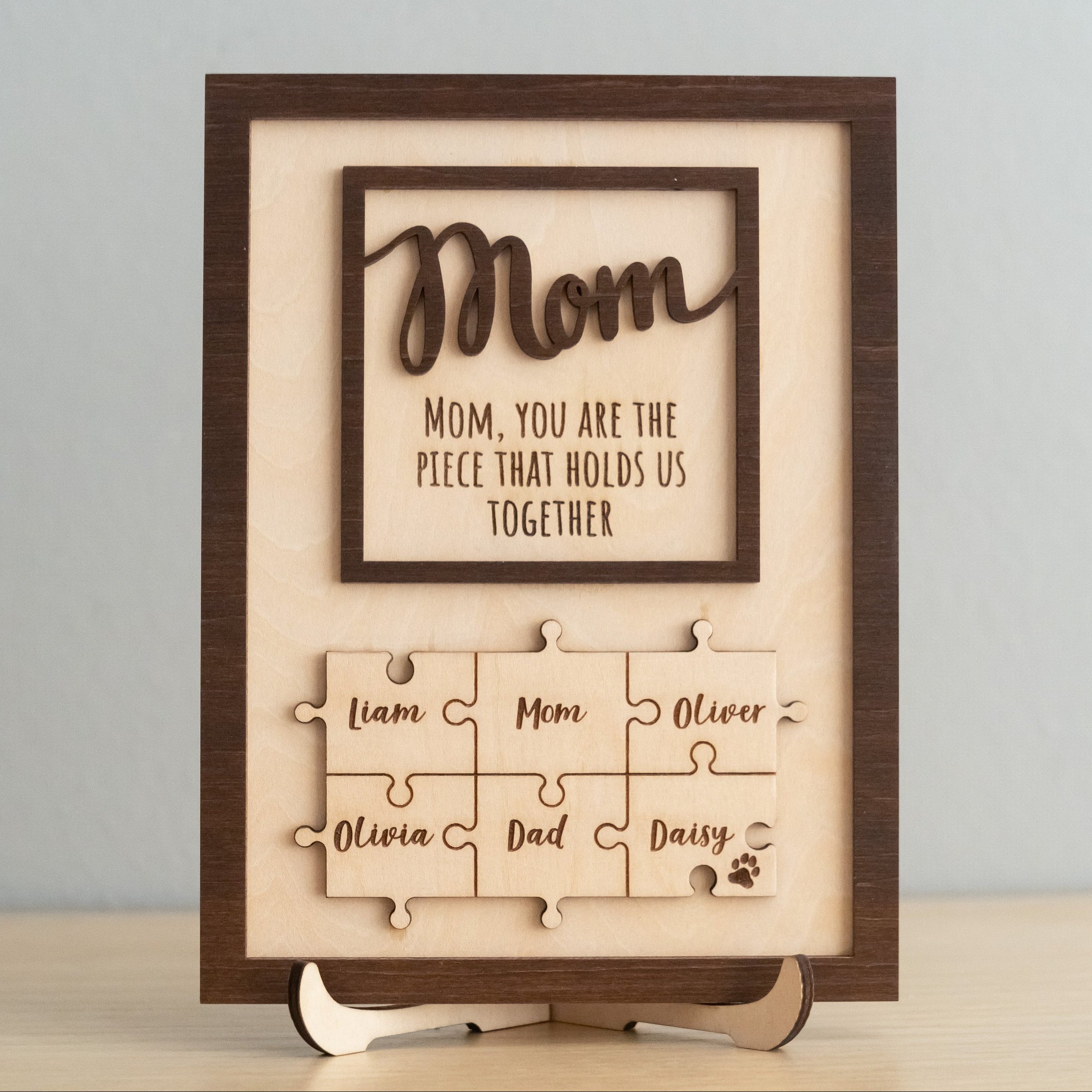 Personalized Wooden Puzzle Frame for Mom Wooden Decor Gift for Mom and Custom Family Puzzle N03