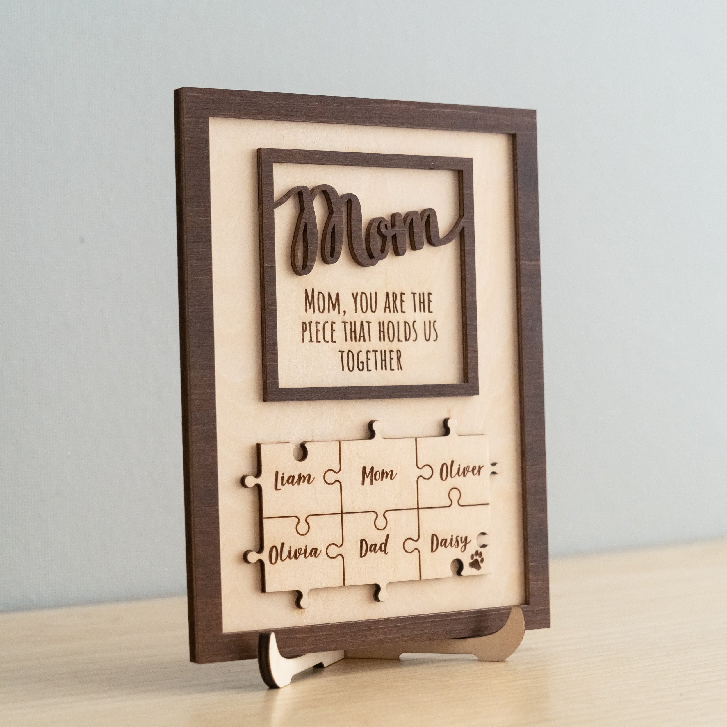 Personalized Wooden Puzzle Frame for Mom Wooden Decor Gift for Mom and Custom Family Puzzle N03