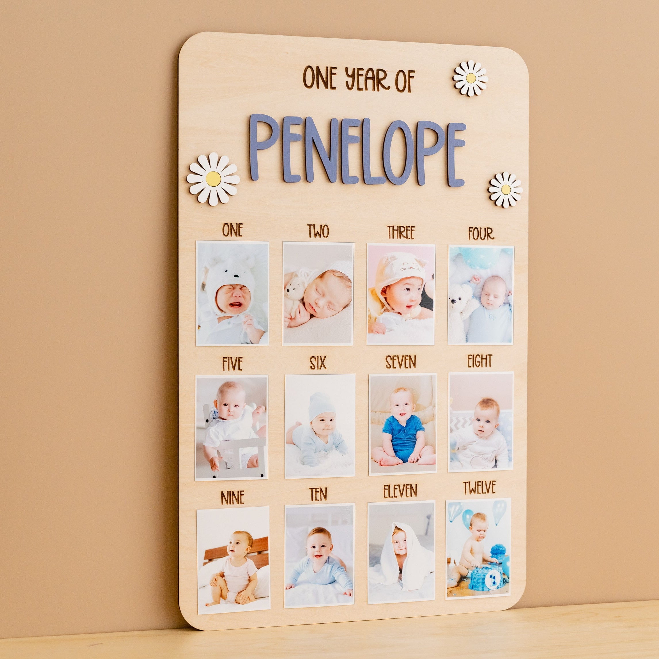 Personalized First Year Photo Board Natural Wood for Nursery Room Wall Decor G71