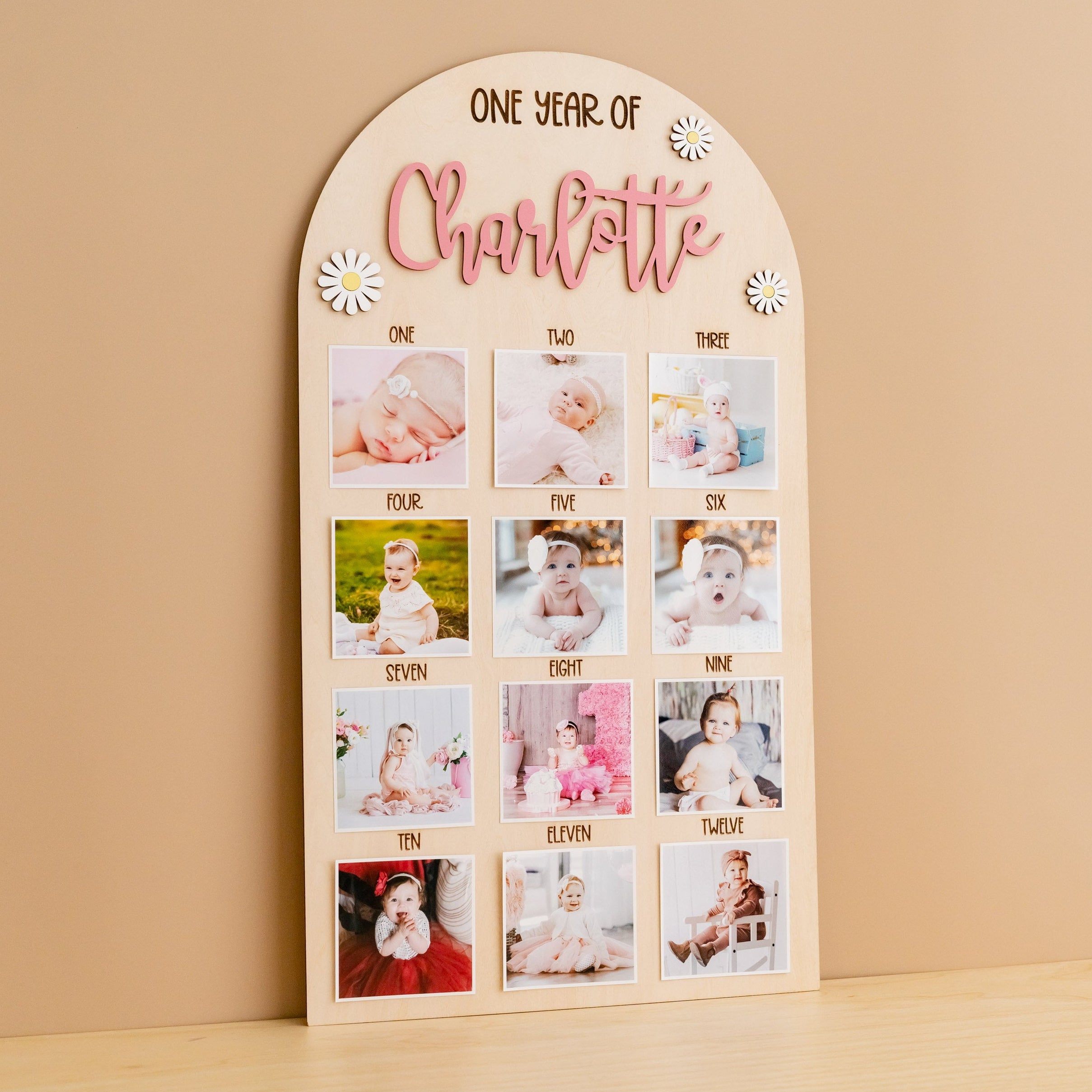 Personalized First Year Photo Board Natural Wood for Nursery Wall Art G71