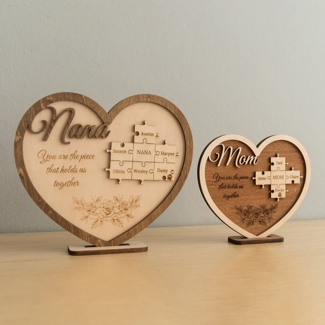 Heart Puzzle Family Name Sign Wood for Mothers Day Gift D52