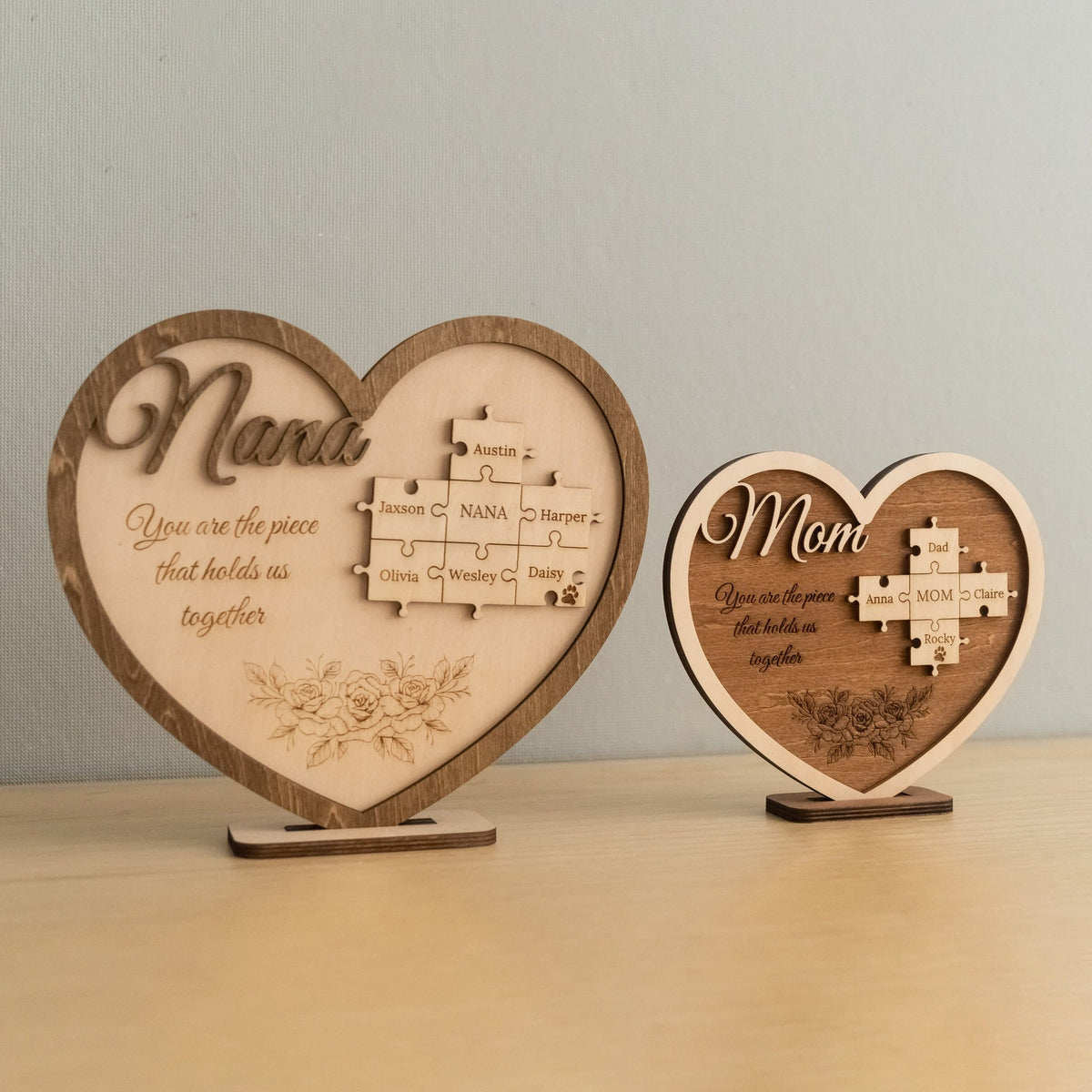 Heart Puzzle Family Name Sign Wood for Mothers Day Gift D52