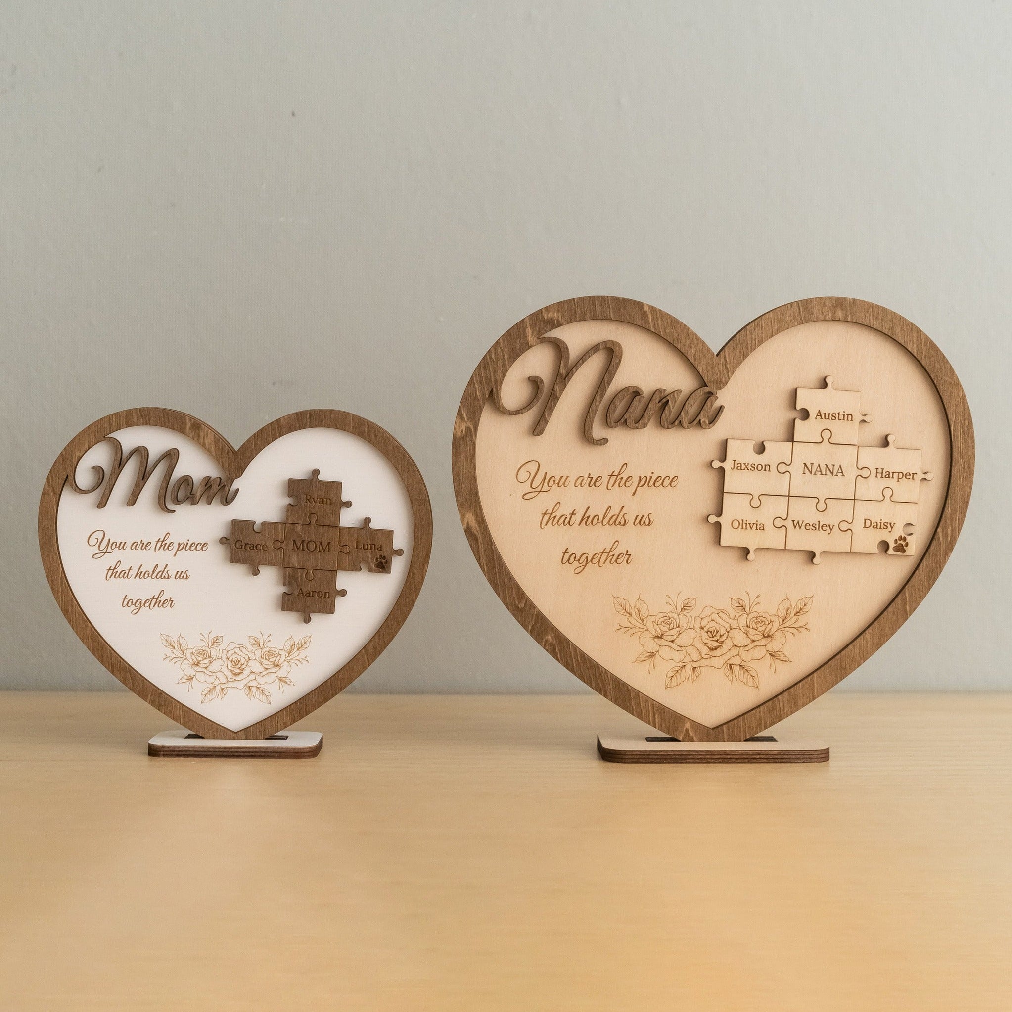 Heart Puzzle Family Name Sign Wood for Personalized Gift for Mom D52