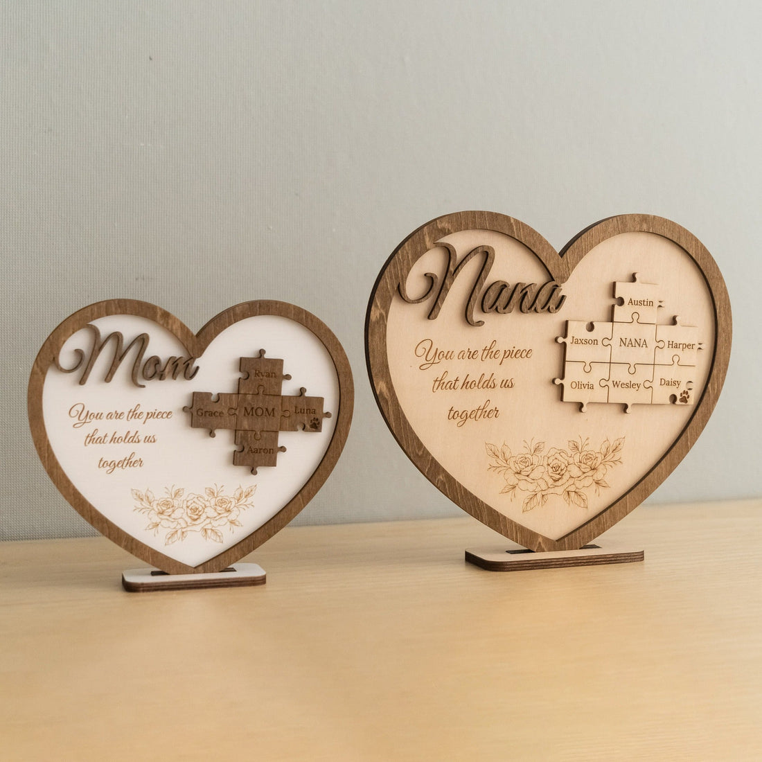 Heart Puzzle Family Name Sign Wood for Personalized Gift for Mom D52
