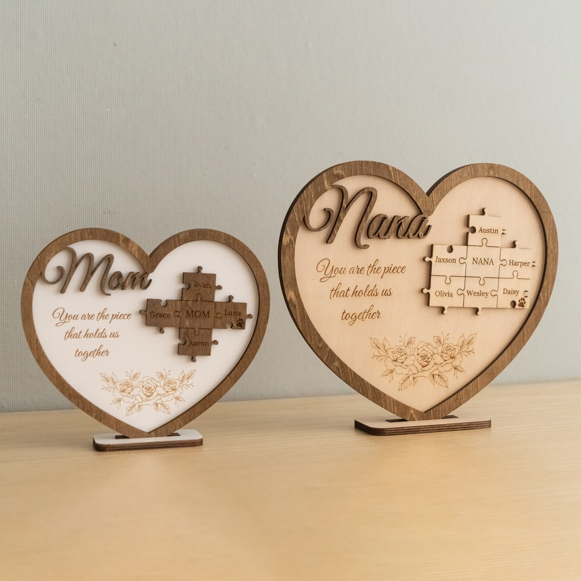 Heart Puzzle Family Name Sign Wood for Personalized Gift for Mom D52