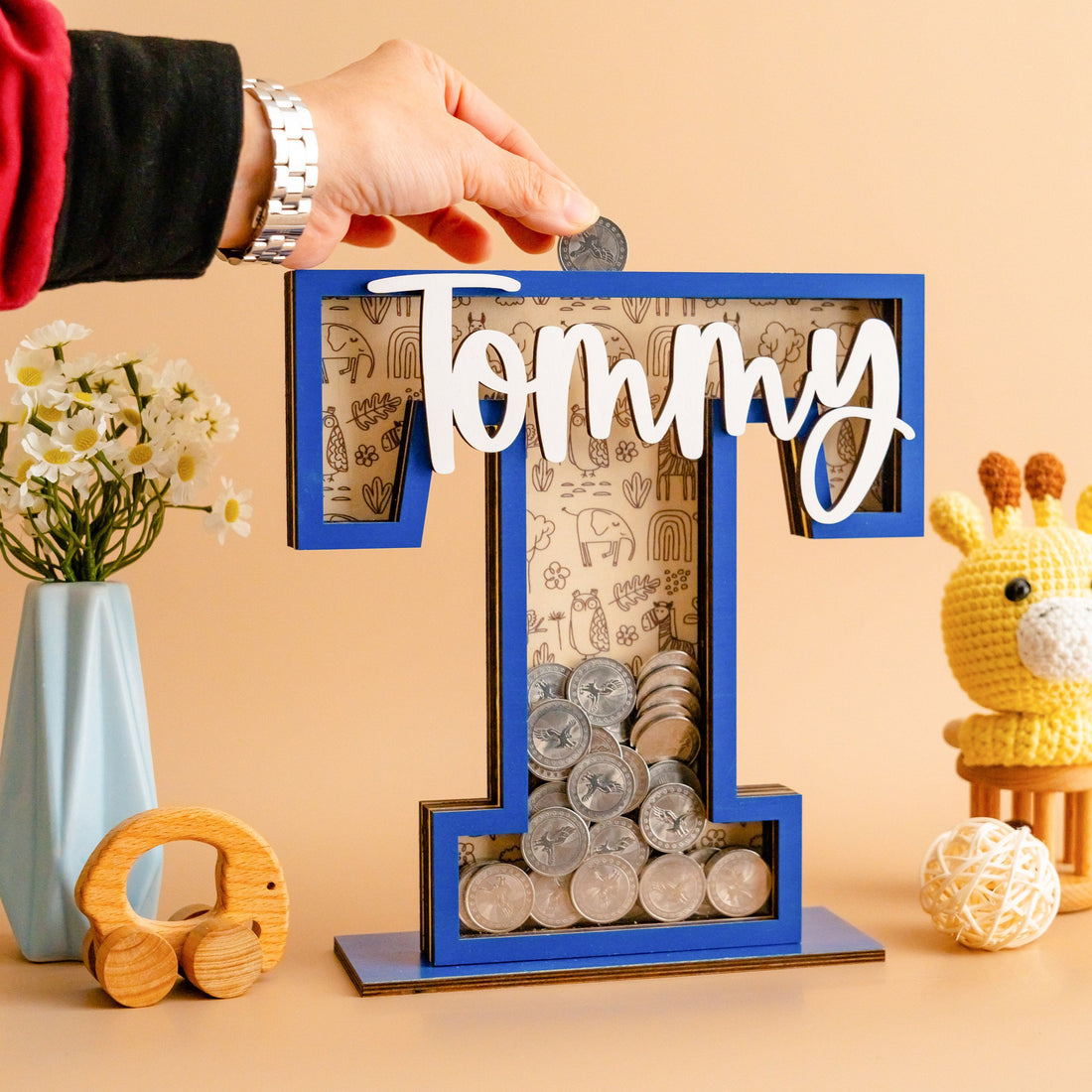 Wooden Name Piggy Bank with Patterned Background