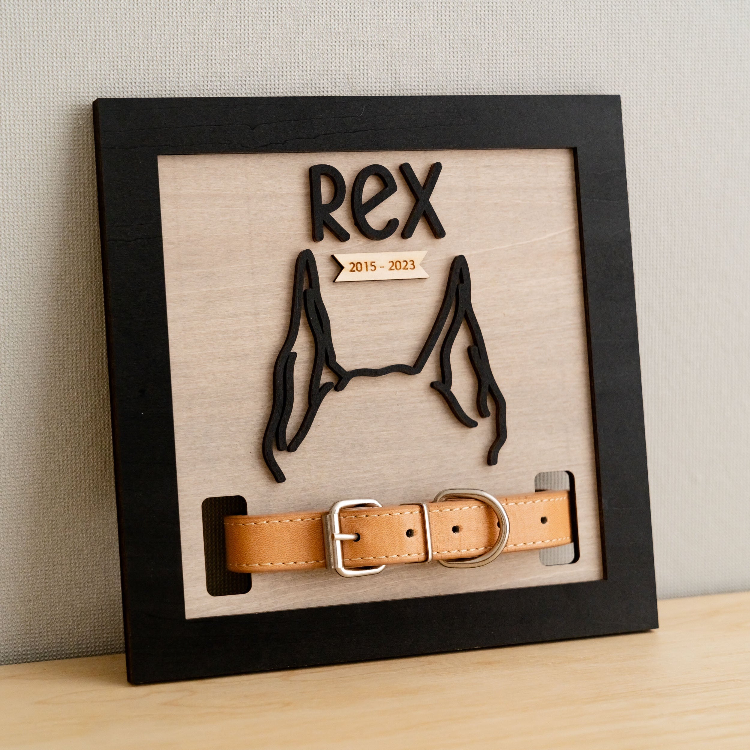 Dog Ear Drawing Framed Wood for Pet Memorial Gift and Collar Display J51