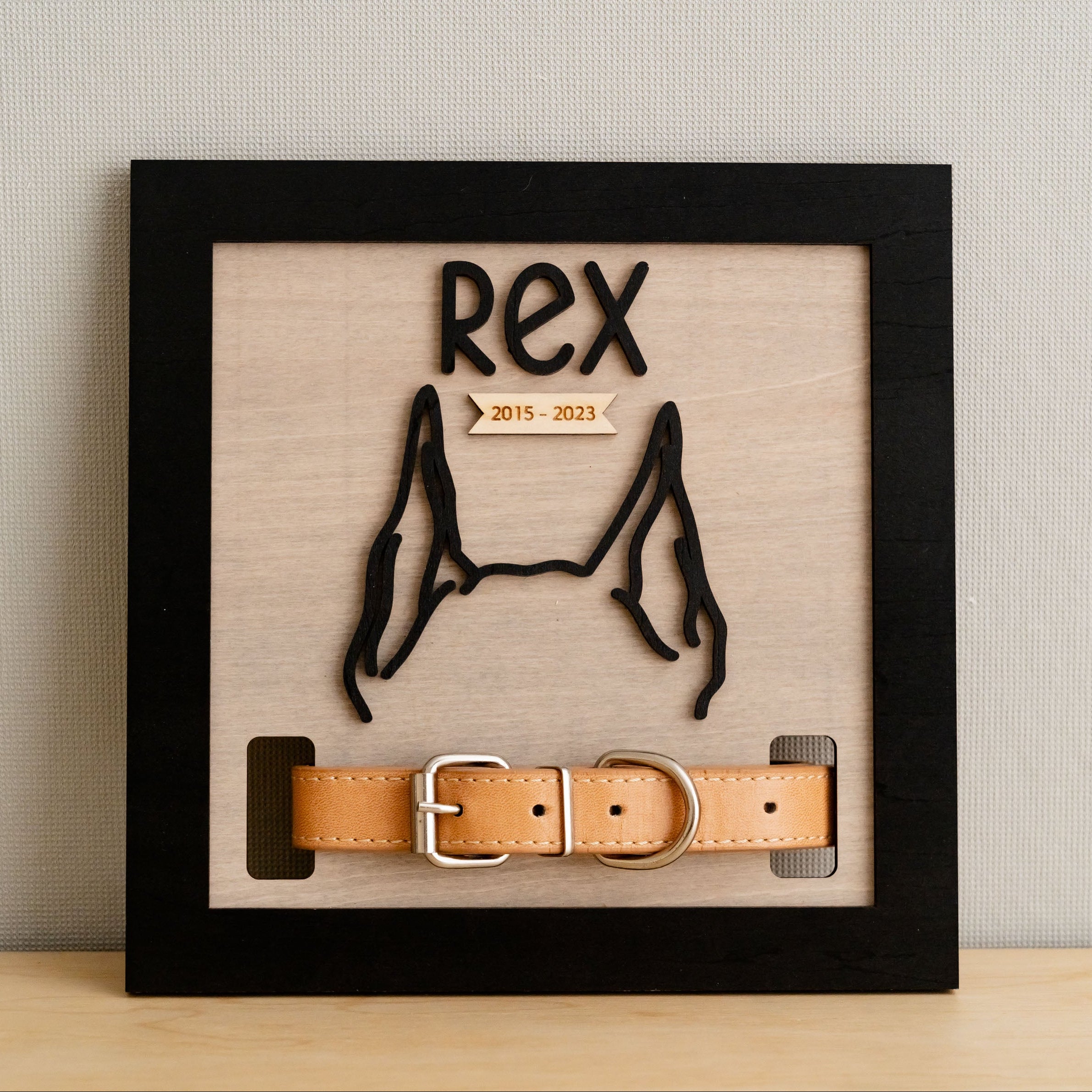 Dog Ear Drawing Framed Wood for Pet Memorial Gift and Collar Display J51