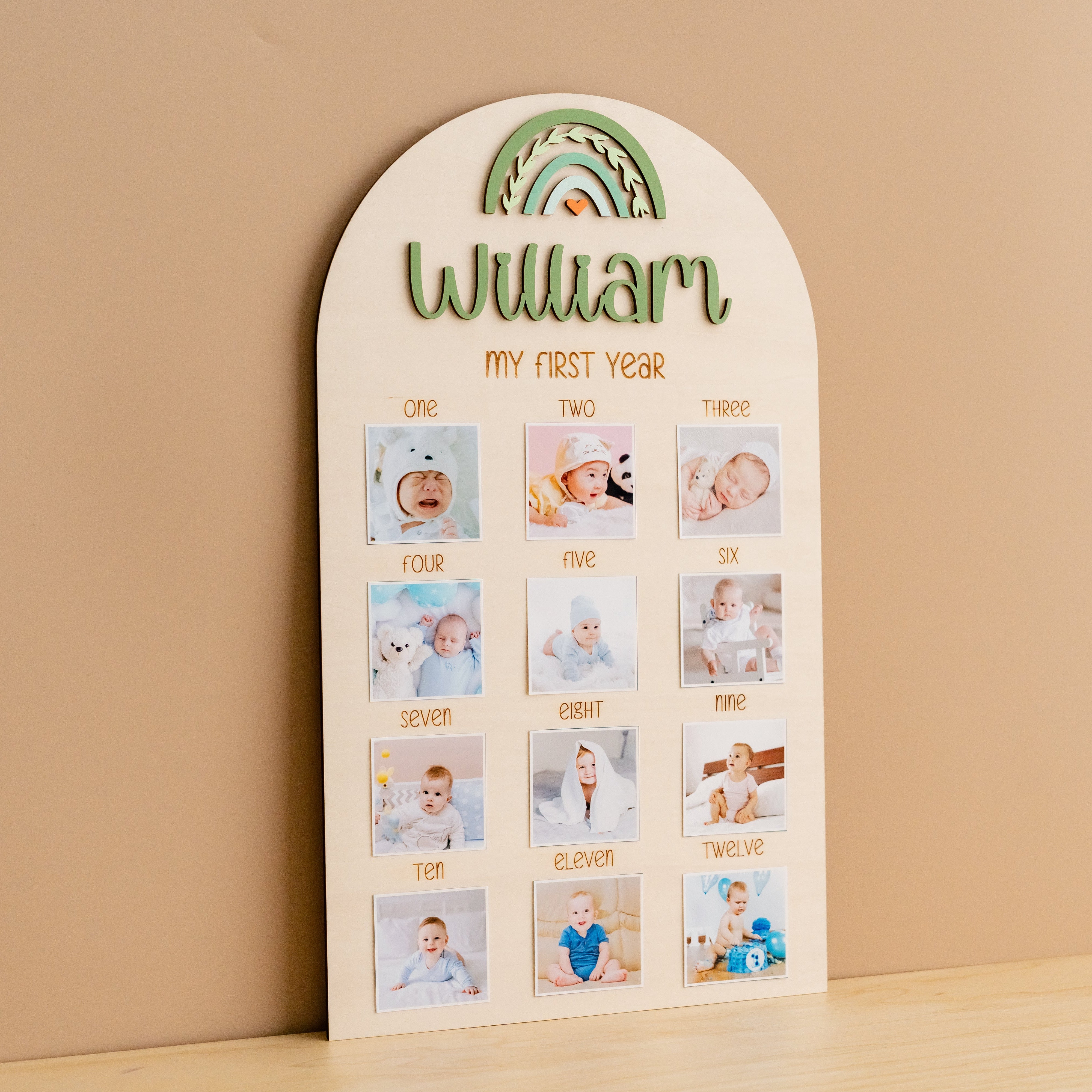 Personalized First Year Photo Board Natural Wood for Nursery J47