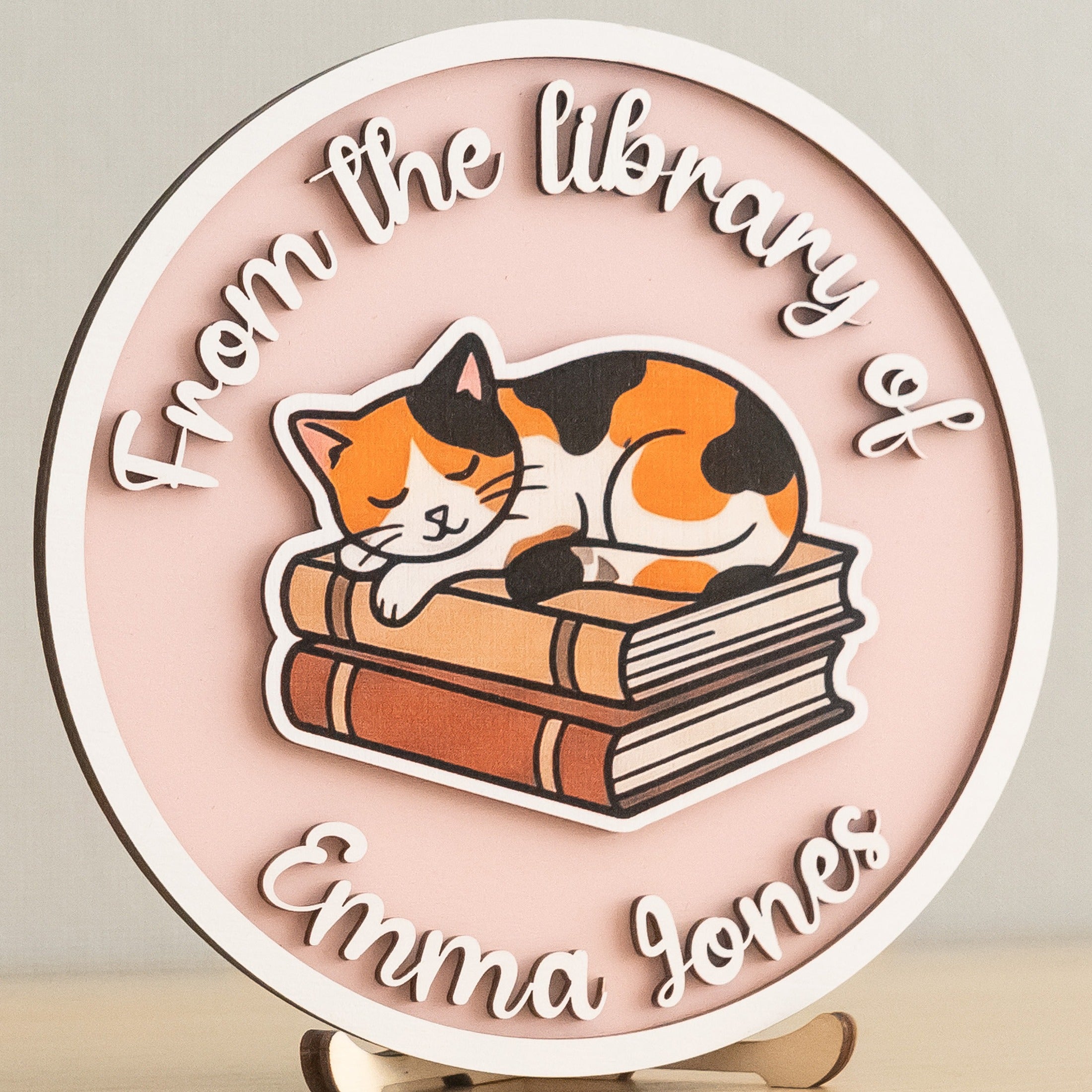 Personalized Library Name Round Wood Sign for Book Lovers B02