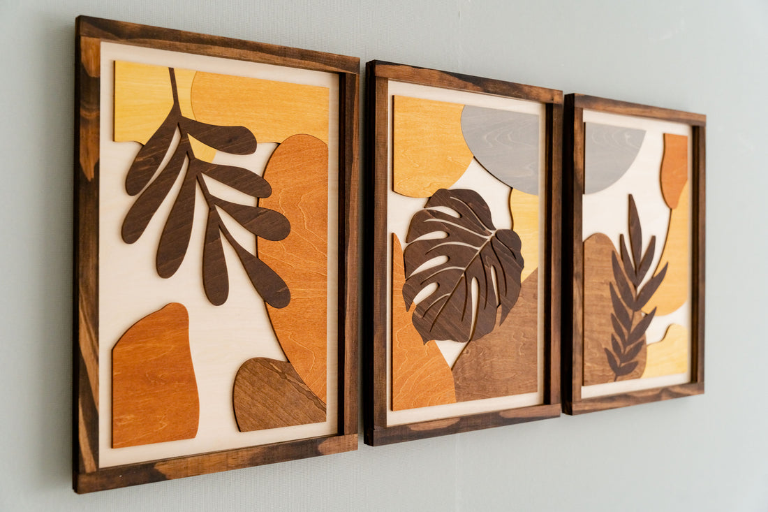 Bohemian Tropical Leaf Wooden Wall Art Trio for Rustic Home Decor