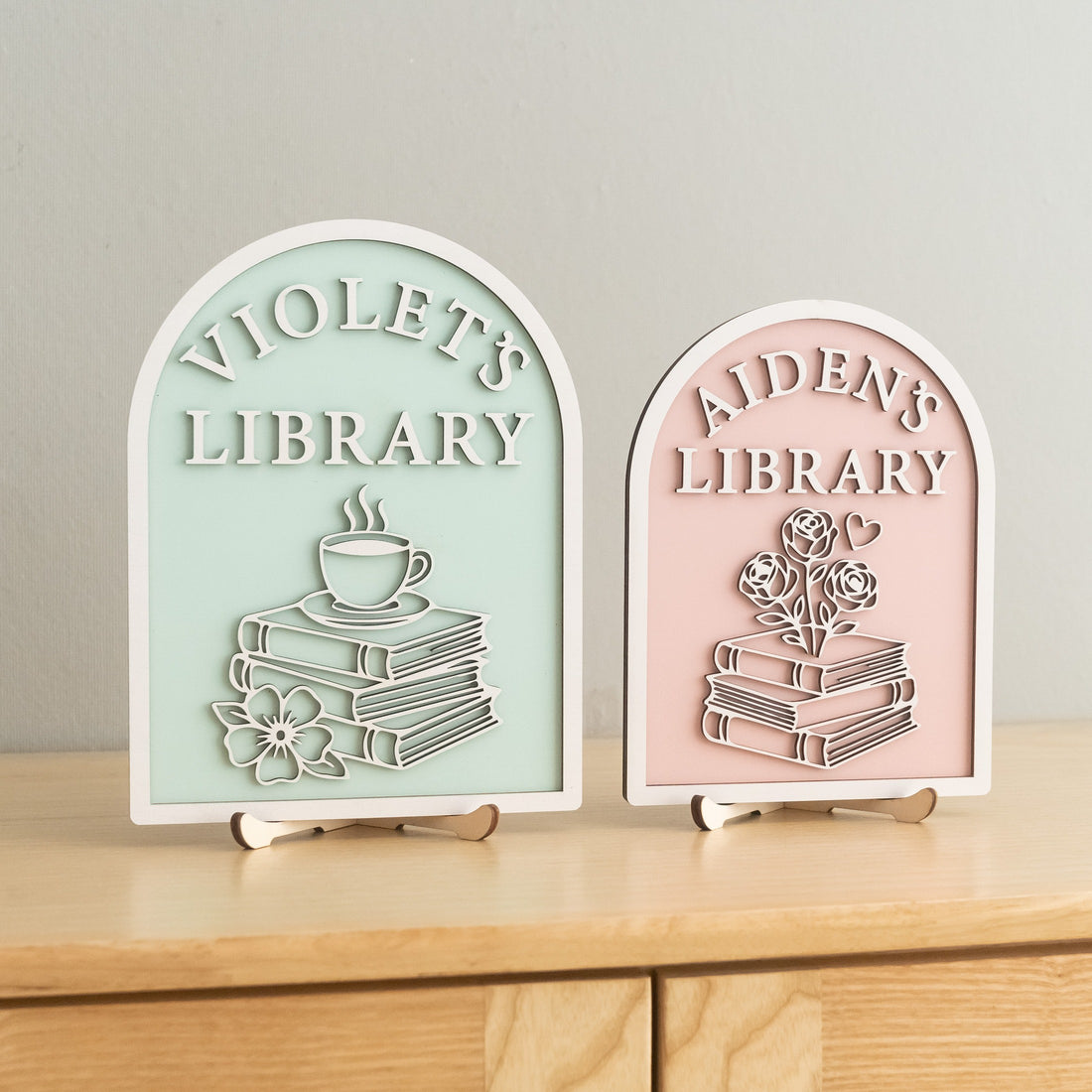 Personalized Library Name Wood Sign Gift for Book Lovers B01