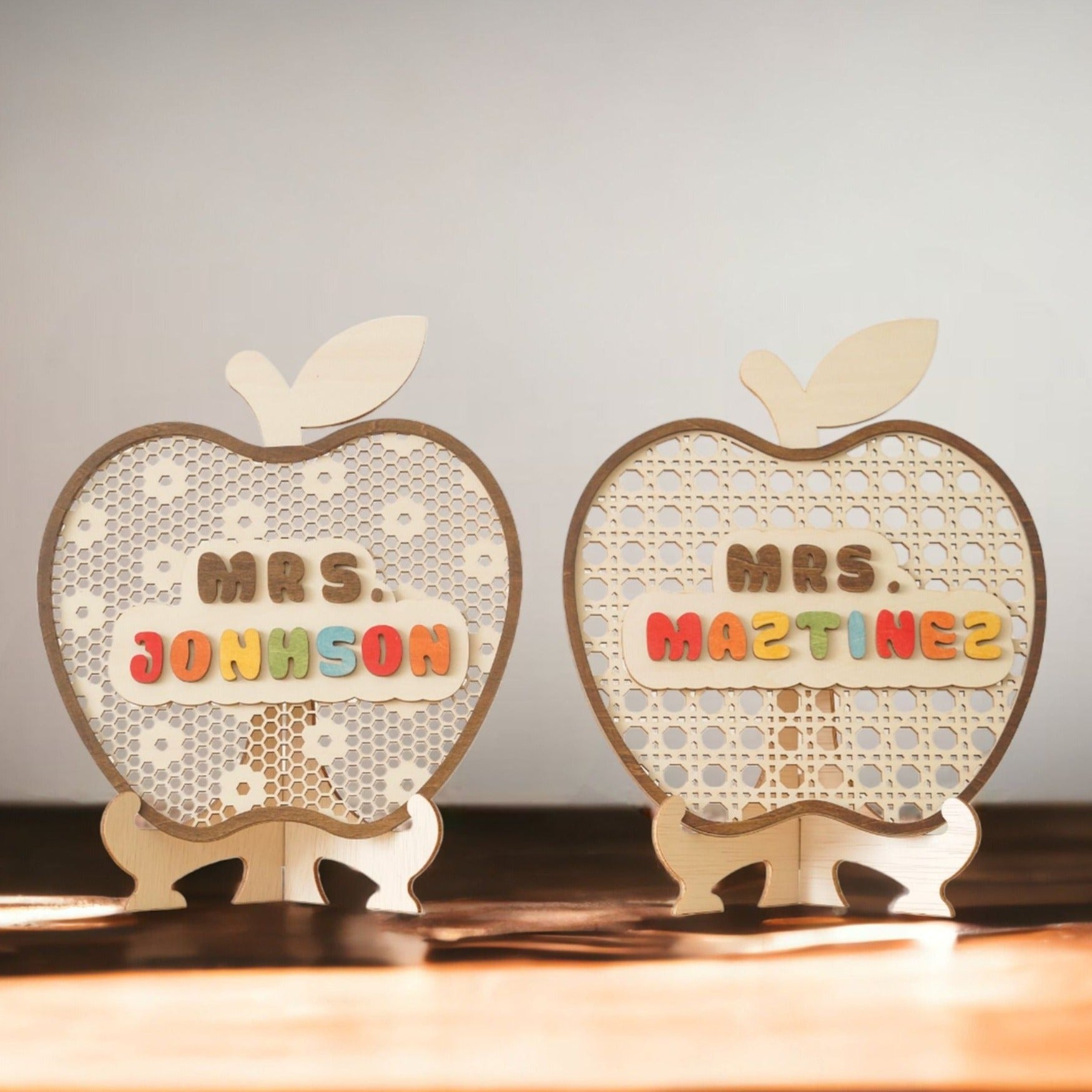 Personalized Wooden Teacher's Apple Sign For Boho Desk Decor