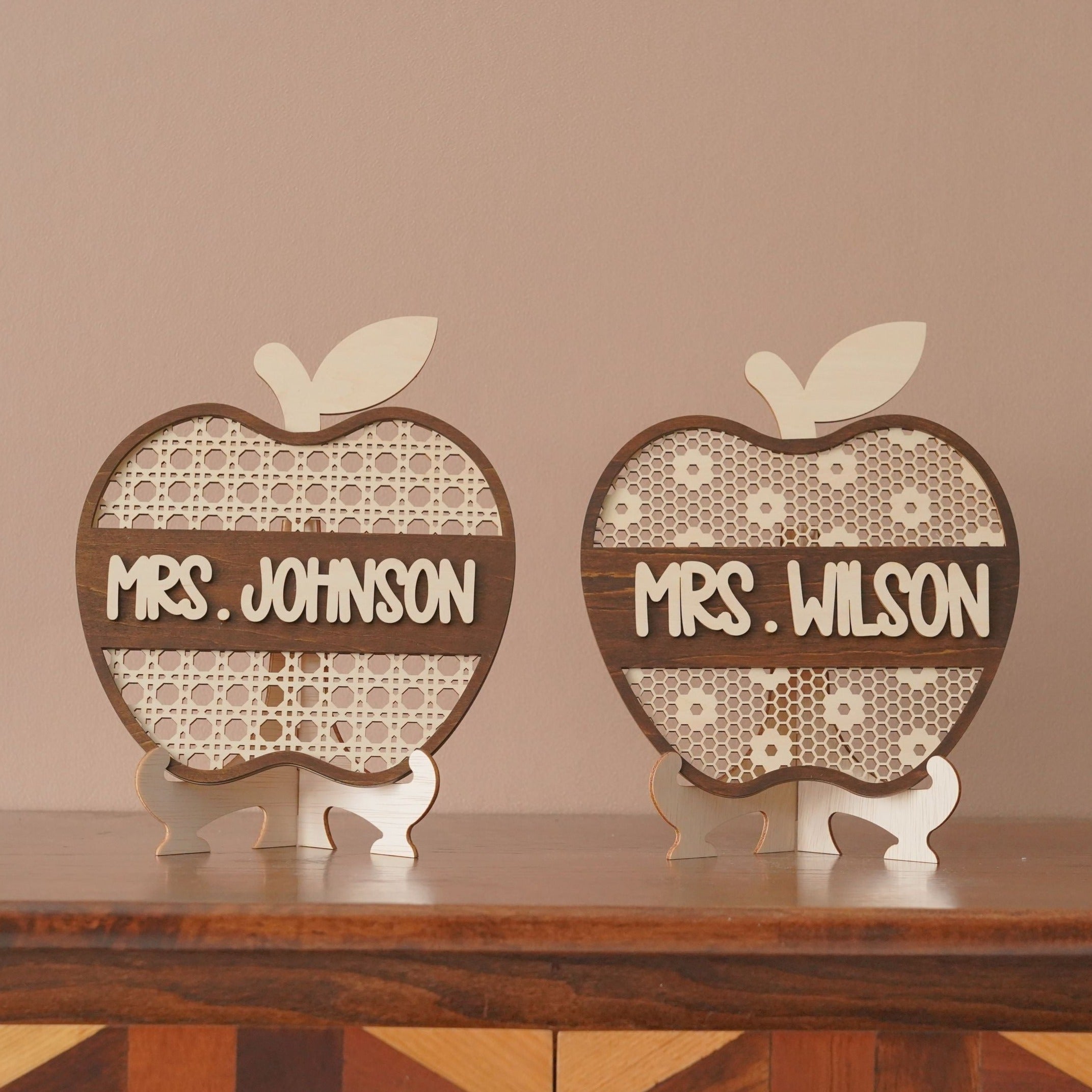 Rustic Wooden Apple Teacher's Nameplate for Wall Decoration