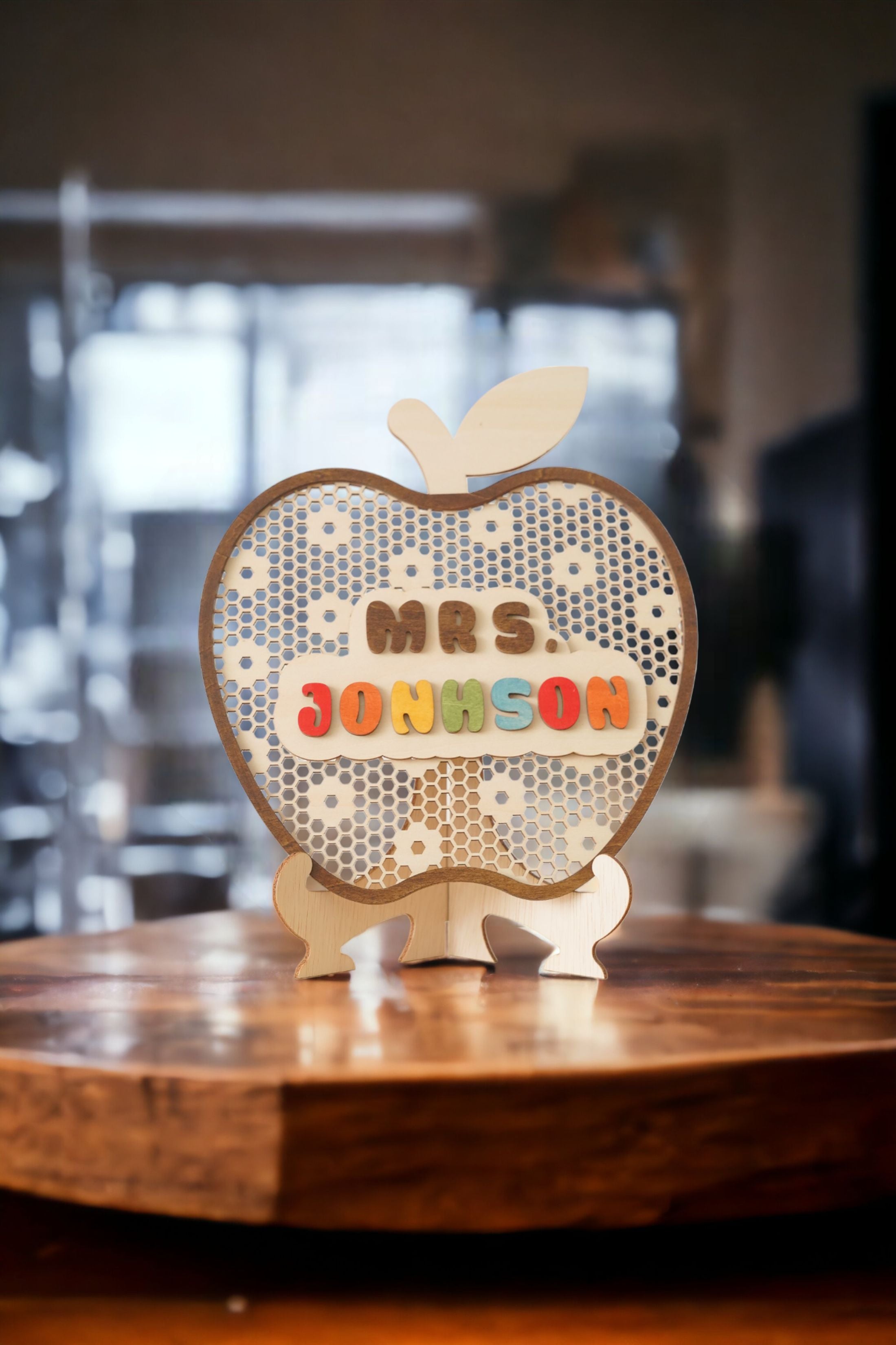 Personalized Wooden Teacher's Apple Sign For Boho Desk Decor