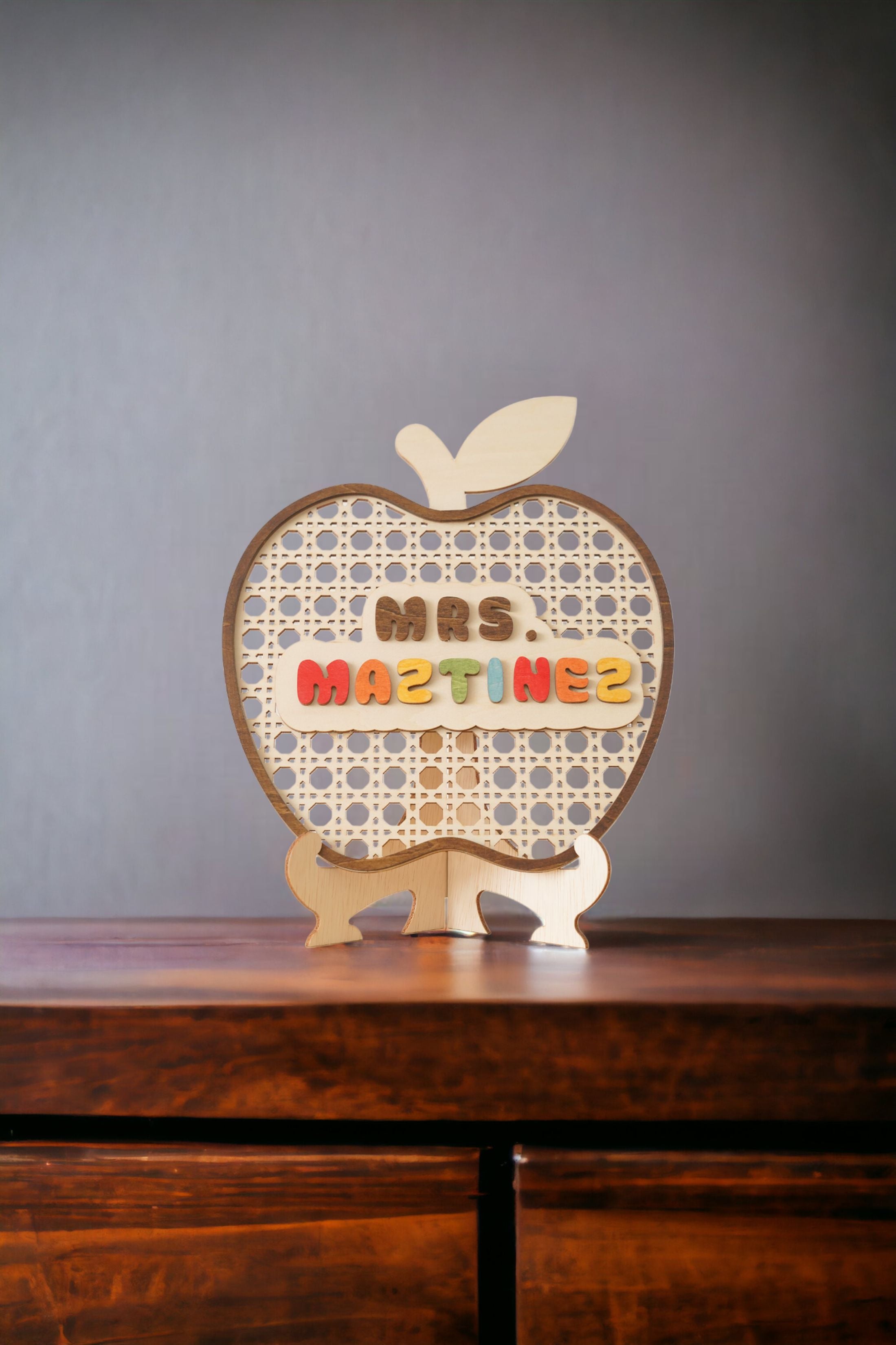 Boho Chic Personalized Wooden Teacher's Apple Desk Ornament