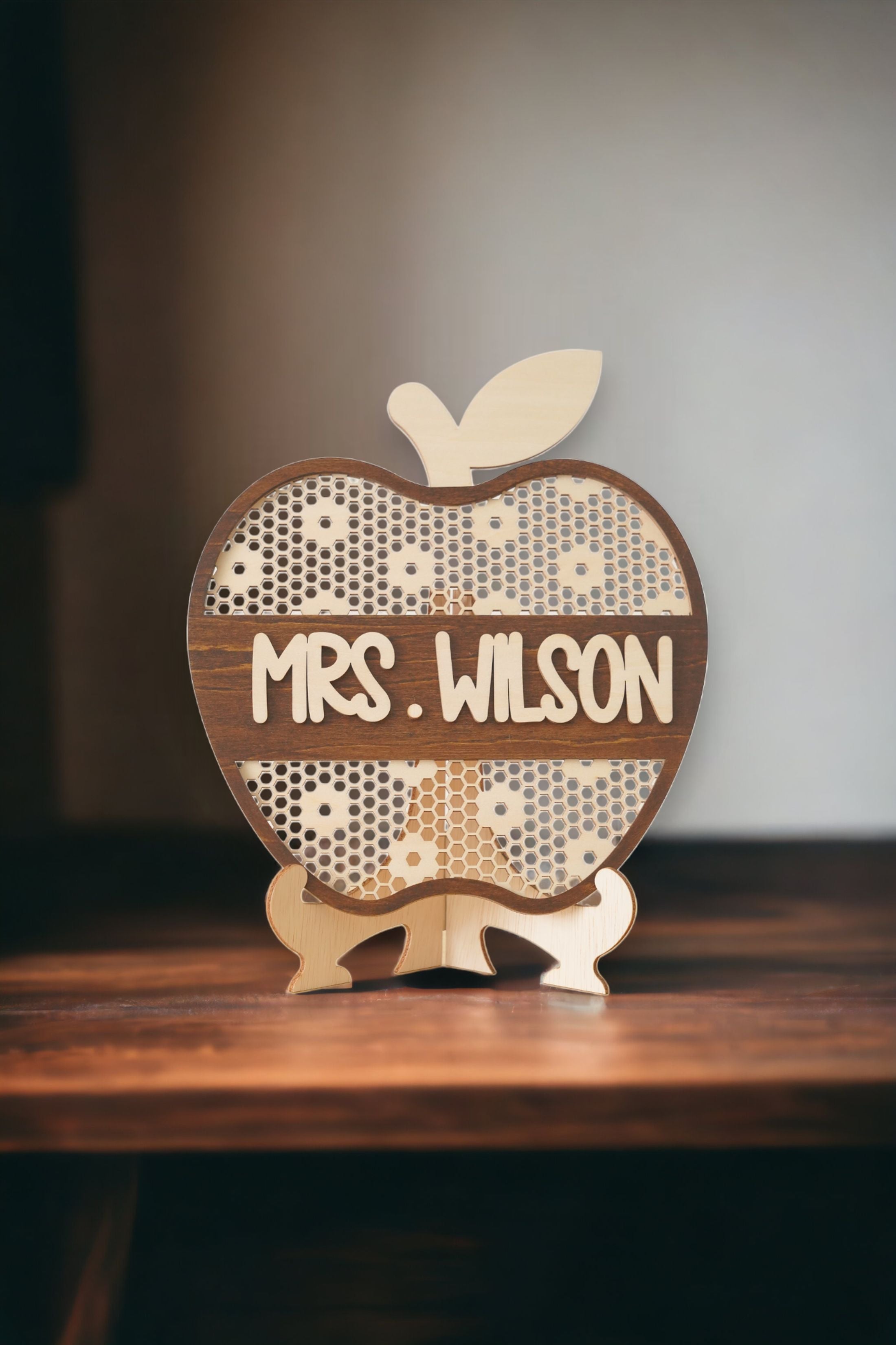 Rustic Wooden Apple Teacher's Nameplate for Wall Decoration