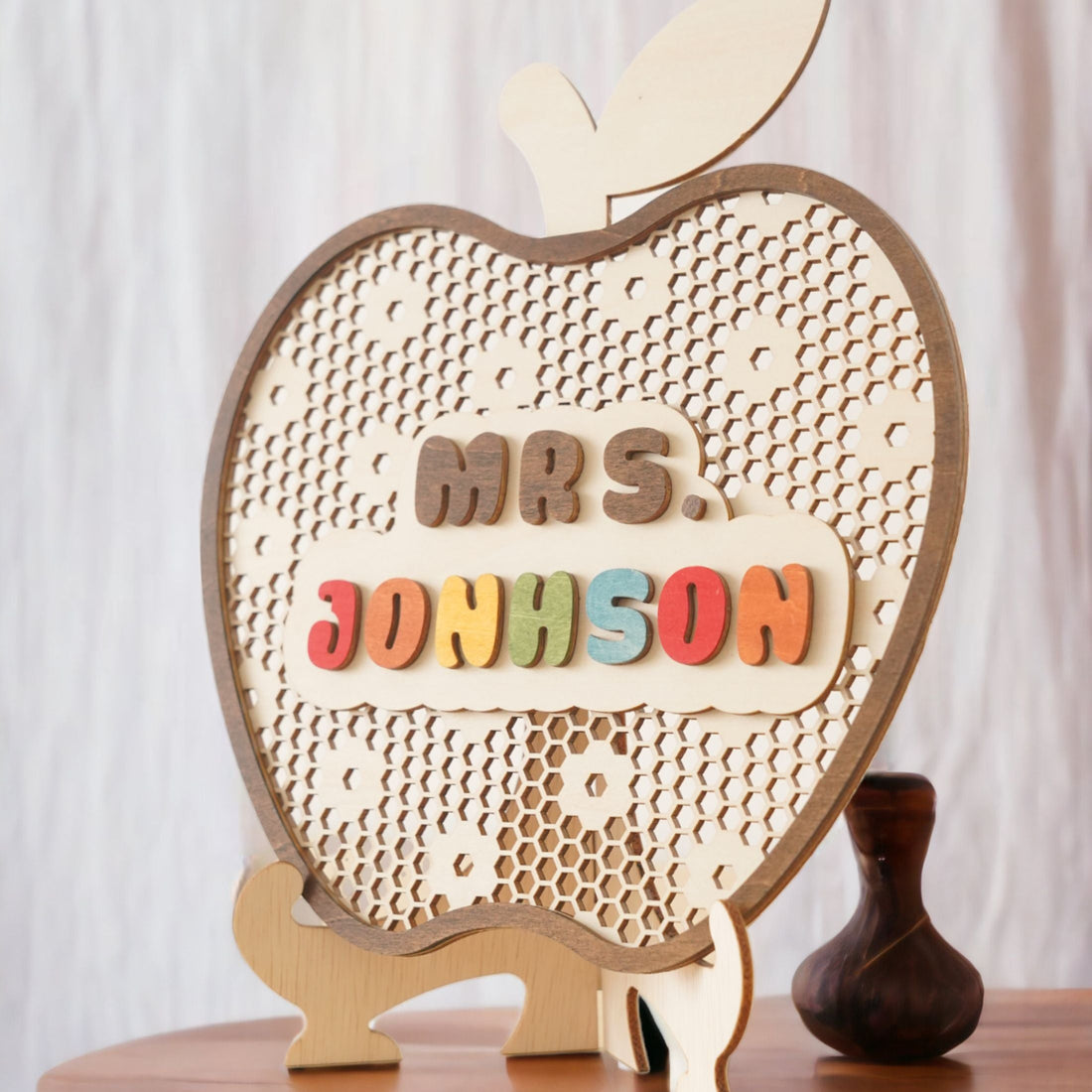 Boho Chic Personalized Wooden Teacher's Apple Desk Ornament