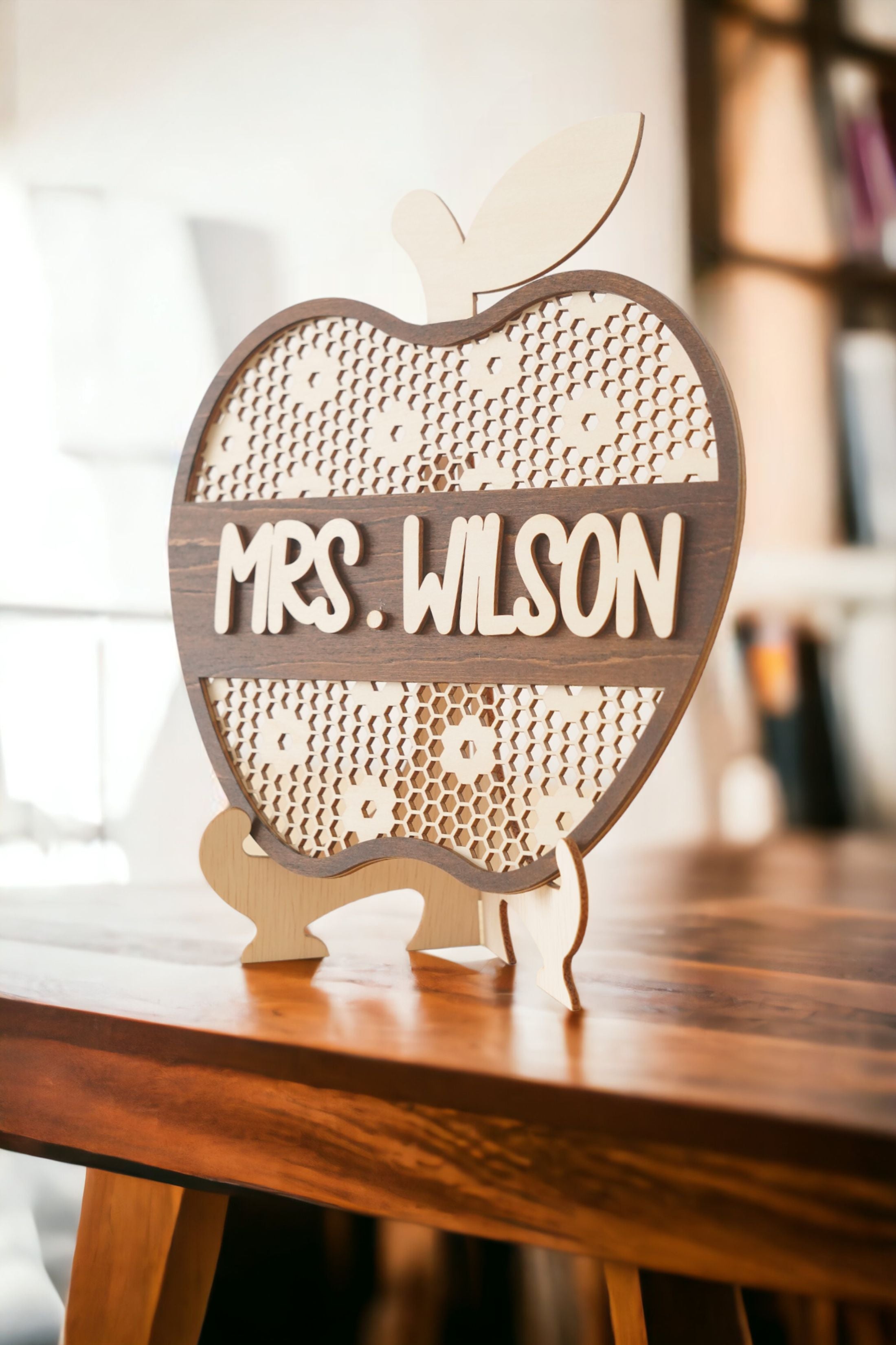 Personalized Wooden Teacher's Apple Sign Decorative Desk Ornament