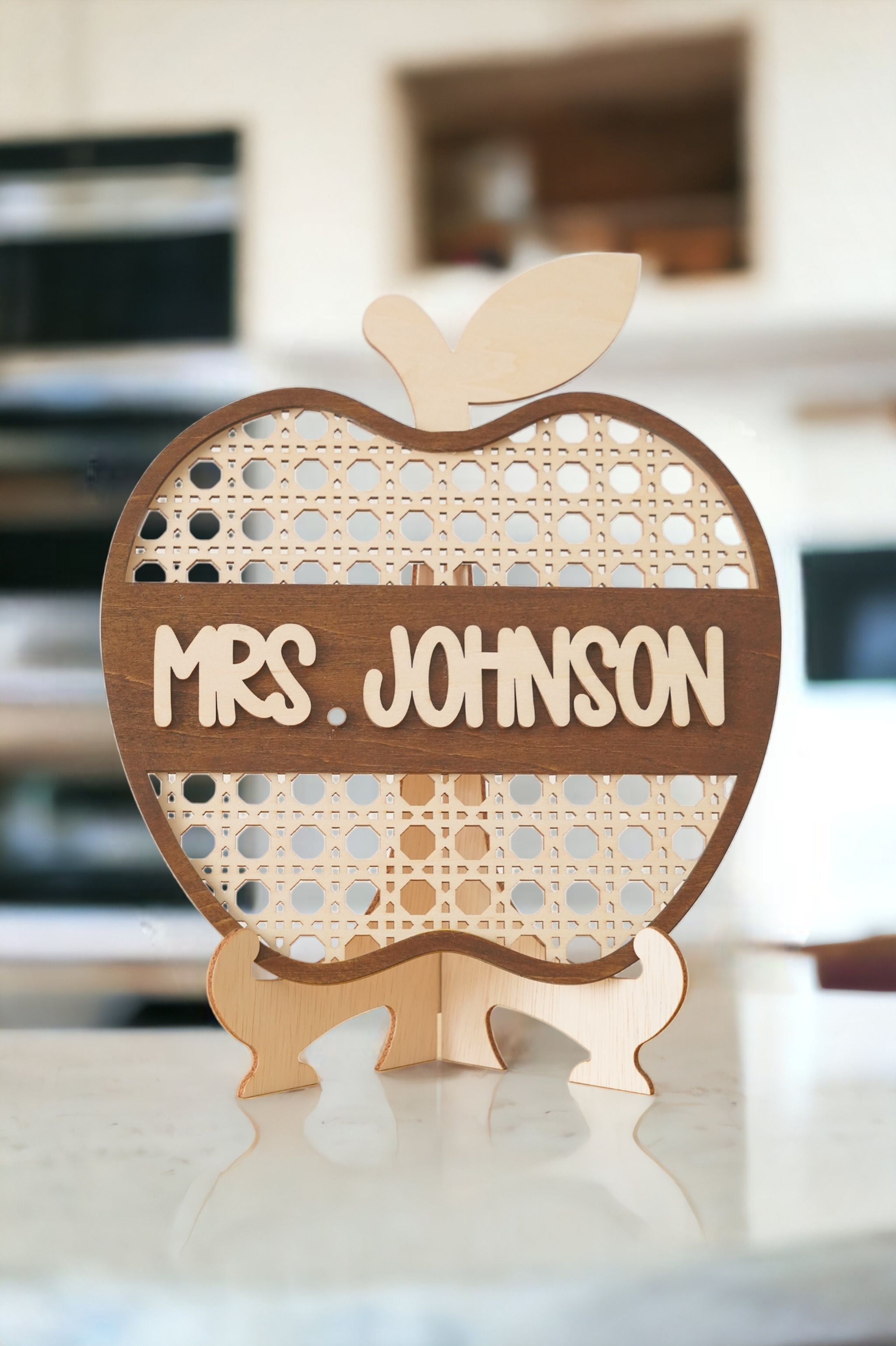 Rustic Wooden Apple Teacher's Nameplate for Wall Decoration