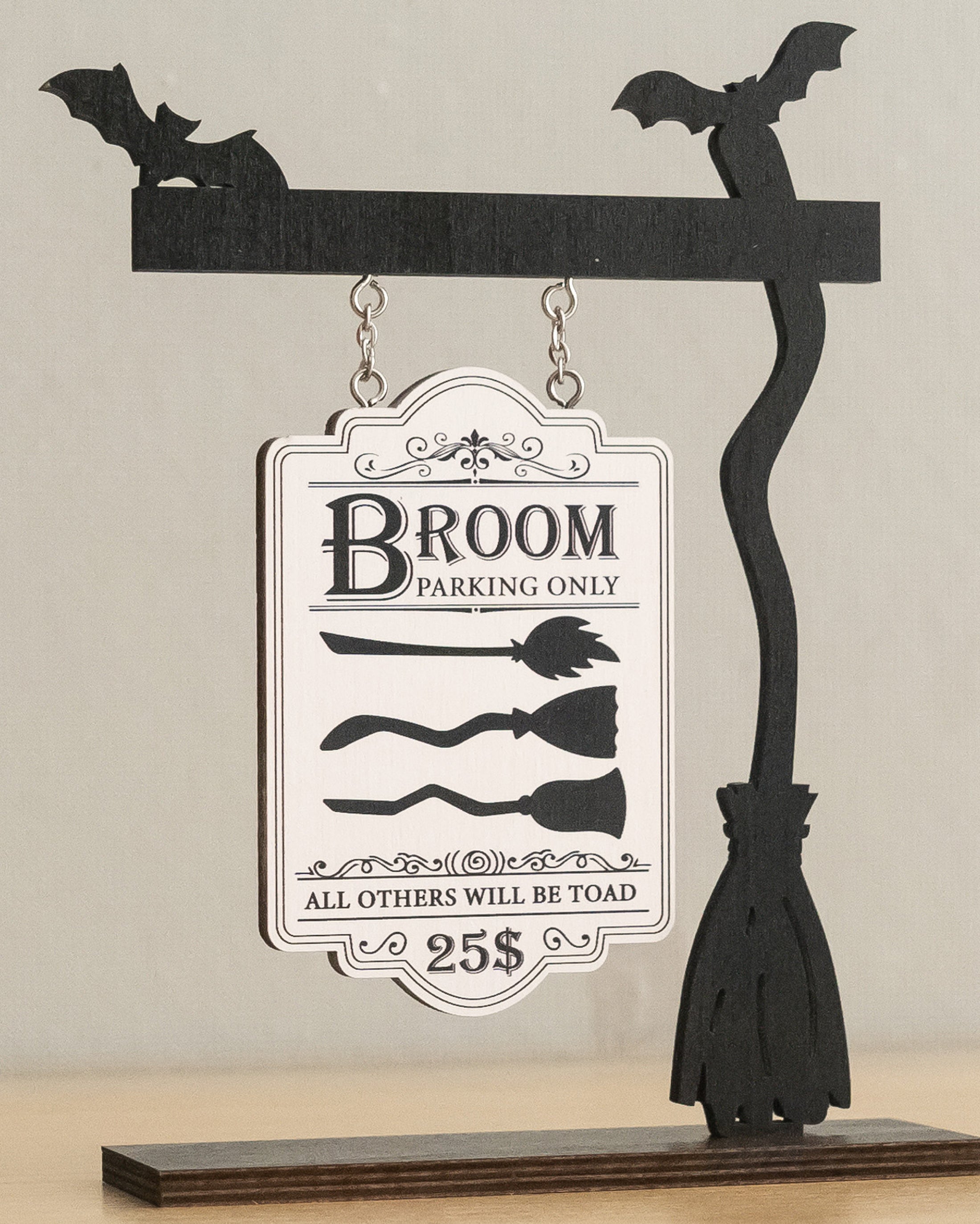 Witch Broom Parking Wood Sign for Halloween Table Decor B36