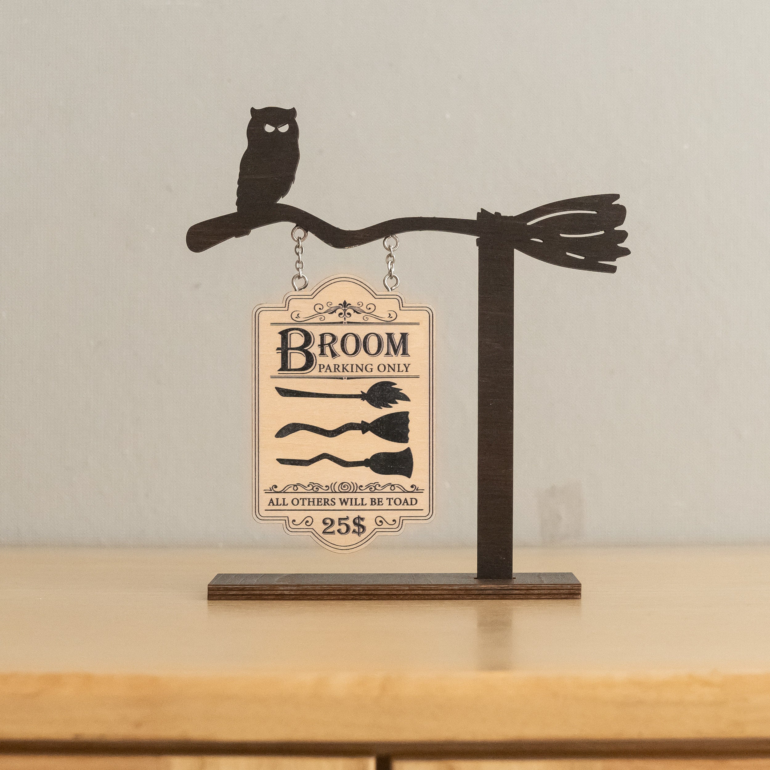 Witch Broom Parking Wood Sign for Halloween Table Decor B36