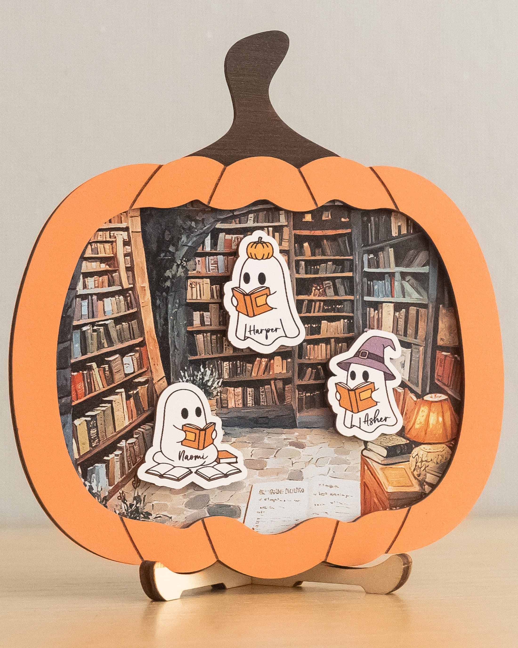 Wooden Pumpkin Library Ghost Halloween Sign Decor for Room B39
