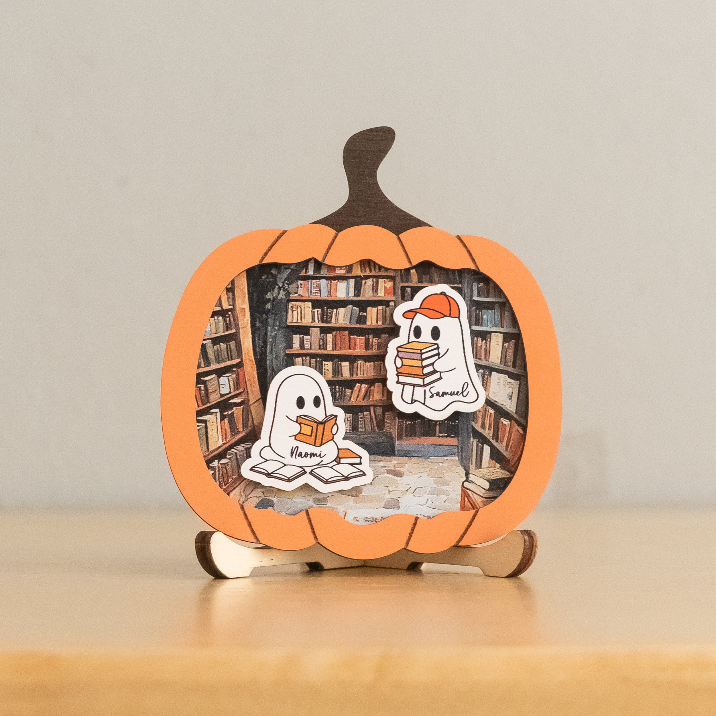 Wooden Pumpkin Library Ghost Halloween Sign Decor for Room B39