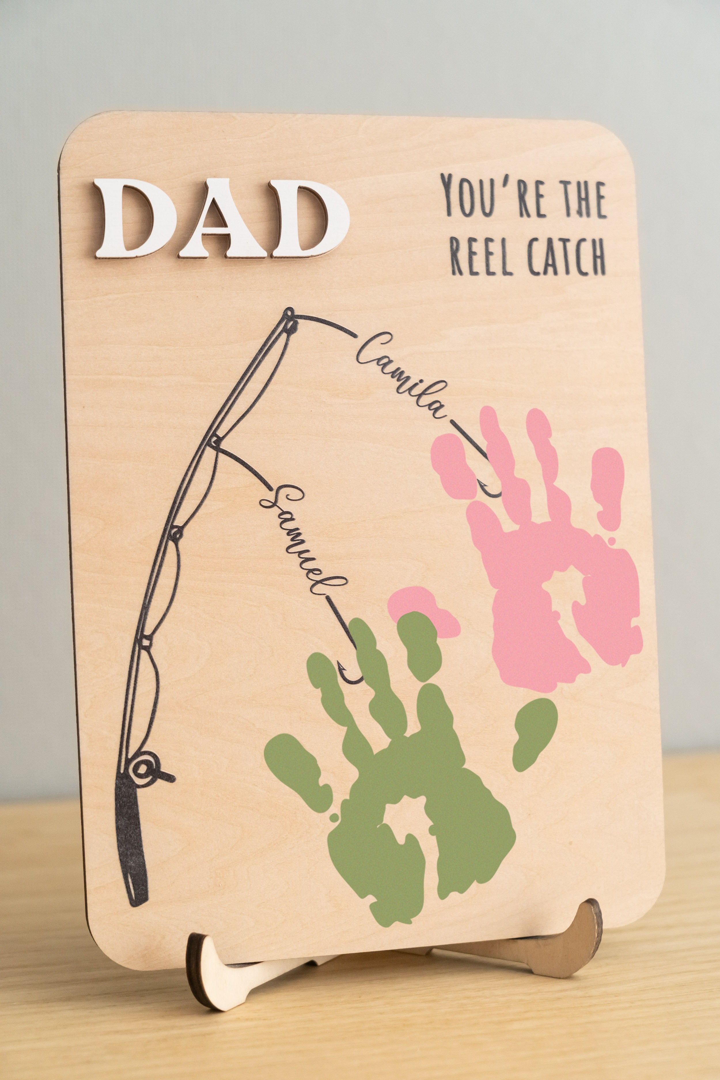 Fishing Handprint Sign for Dad Wood Personalized Fathers Day Gift and Wooden Handprint Sign Y78