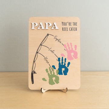 Fishing Handprint Sign for Dad Wooden Art Gift for Dad and Custom Wood Sign Y78
