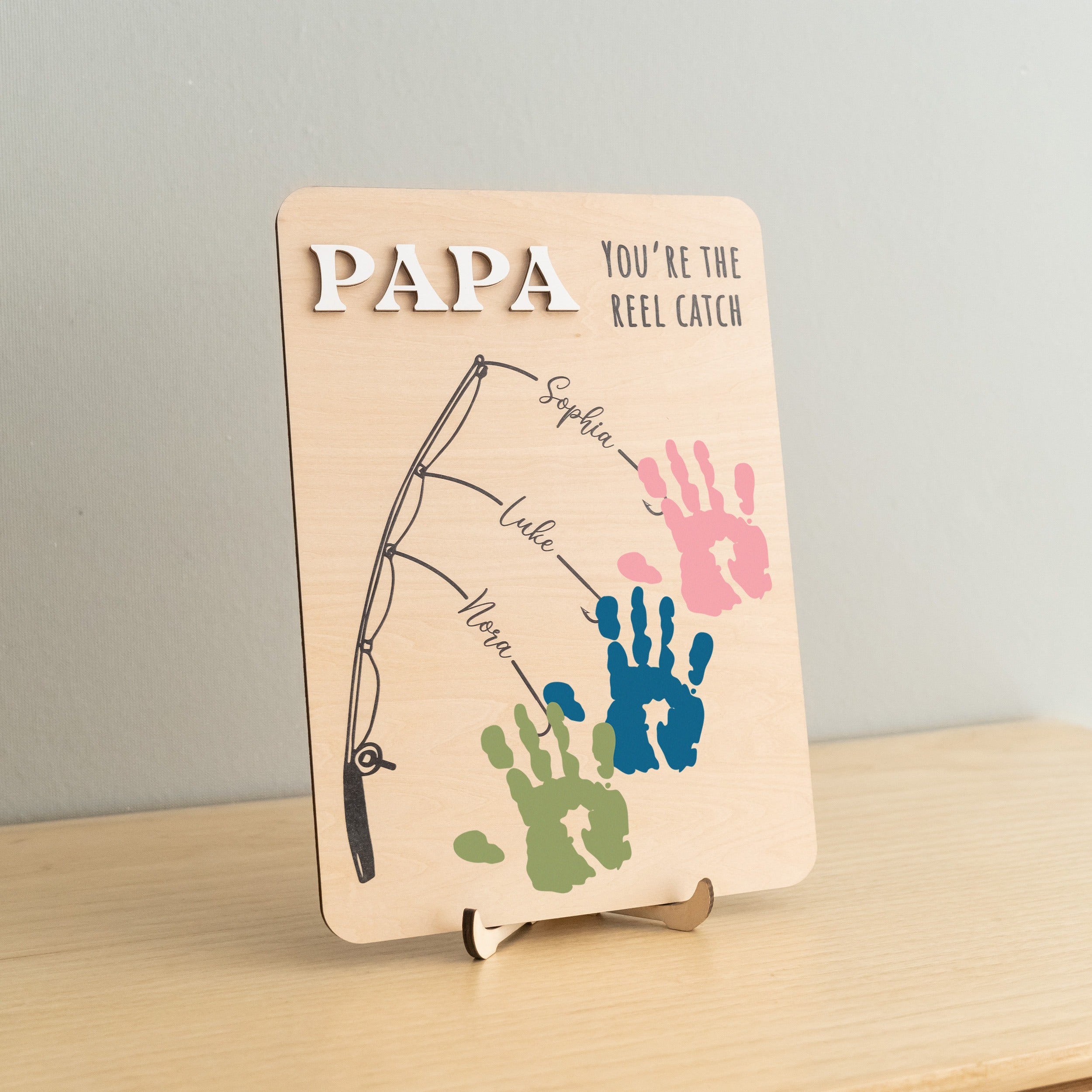 Fishing Handprint Sign for Dad Wooden Art Gift for Dad and Custom Wood Sign Y78