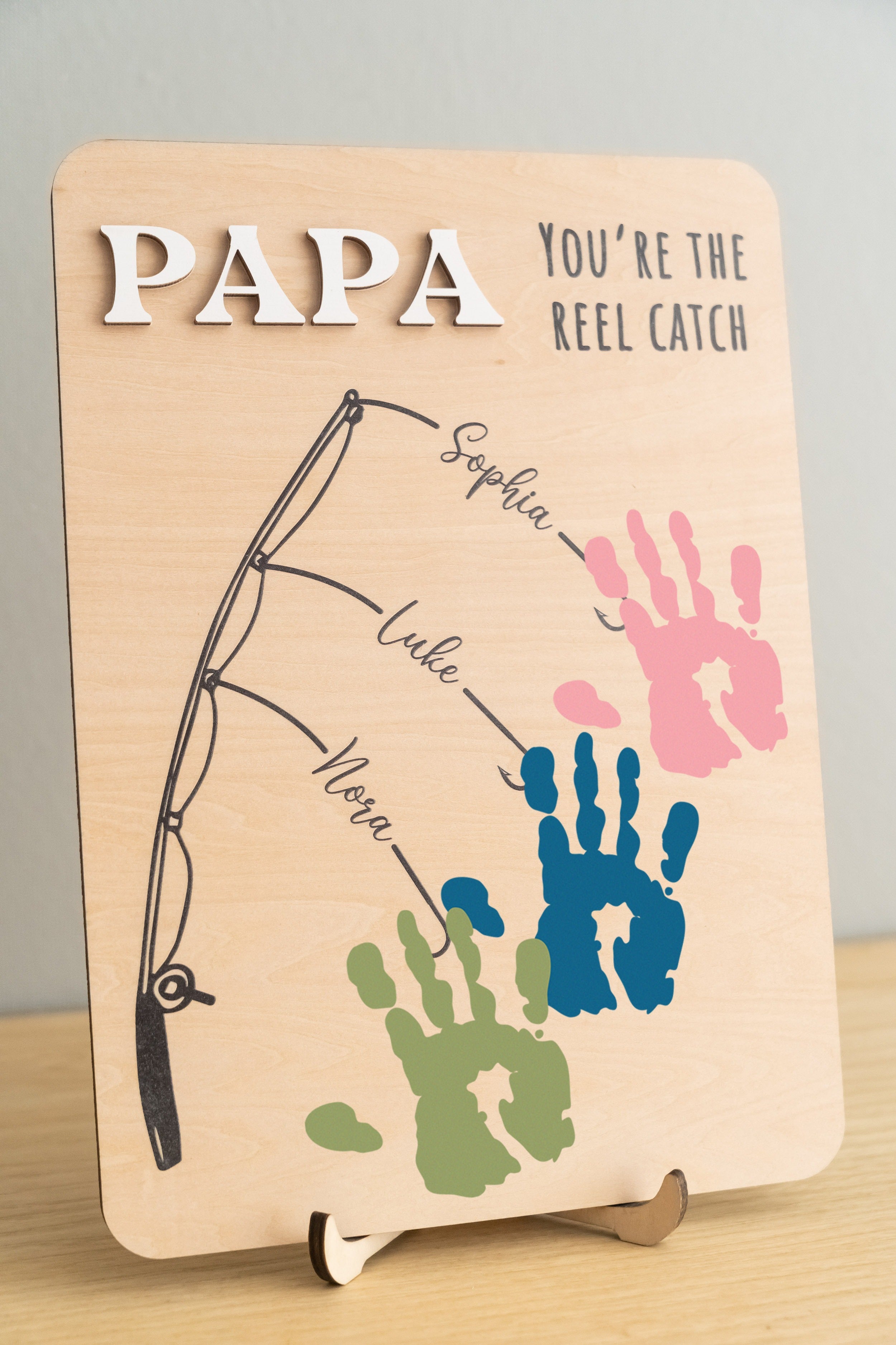 Fishing Handprint Sign for Dad Wood Fathers Day Gift and Personalized Handprint Art Y78
