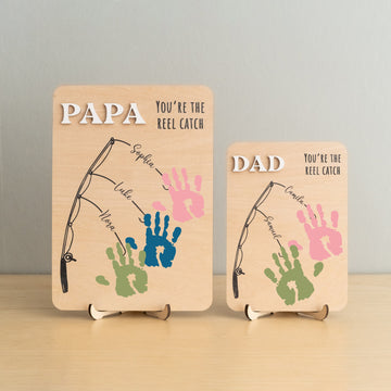 Fishing Handprint Sign for Dad Wood Fathers Day Gift and Personalized Handprint Art Y78