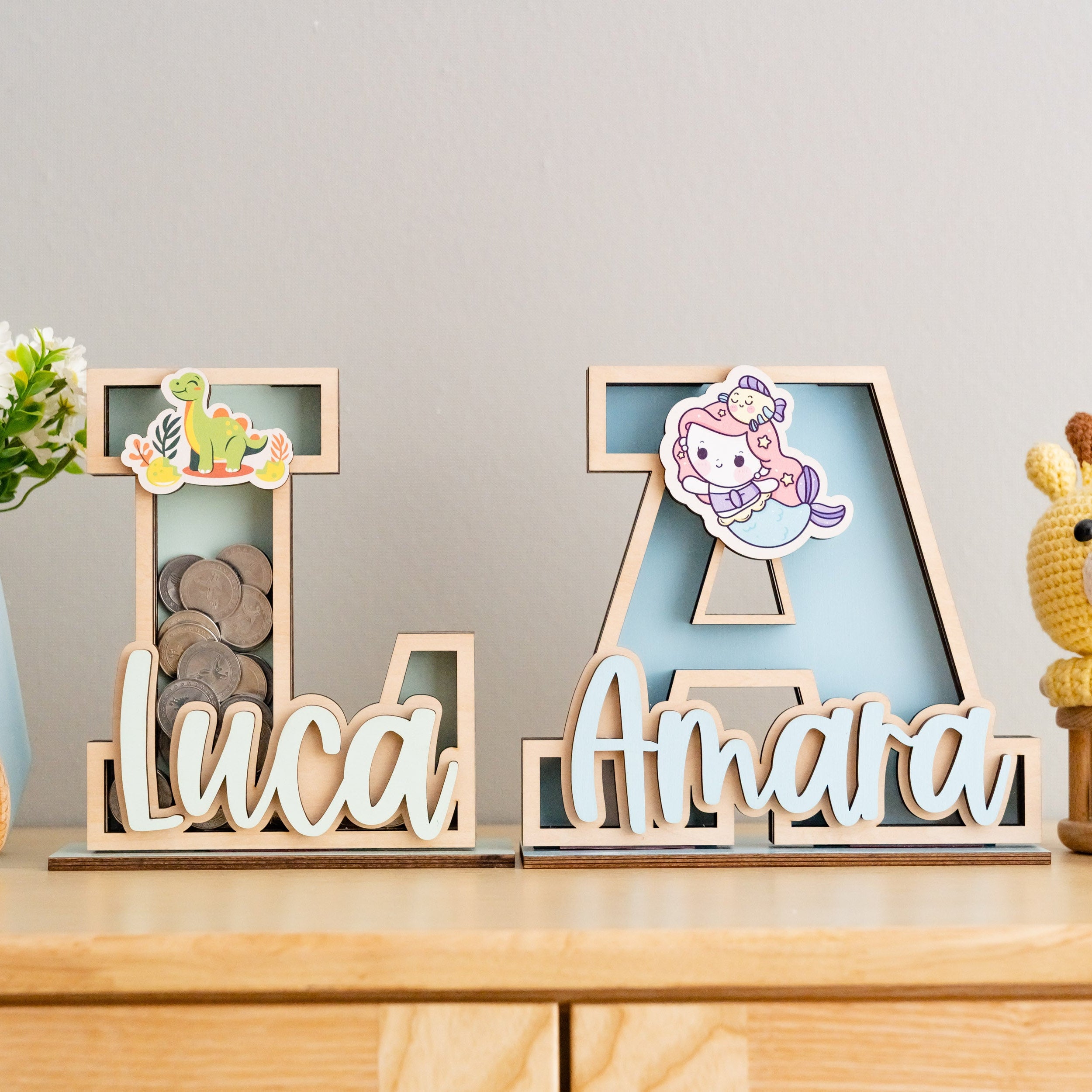 Personalized Letter Piggy Bank Wood Acrylic for Kids Savings Bank R15