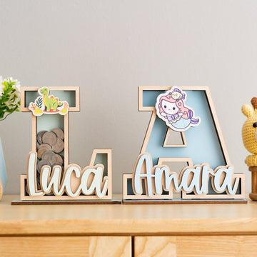 Personalized Letter Piggy Bank Wood Acrylic for Kids Savings Bank R15