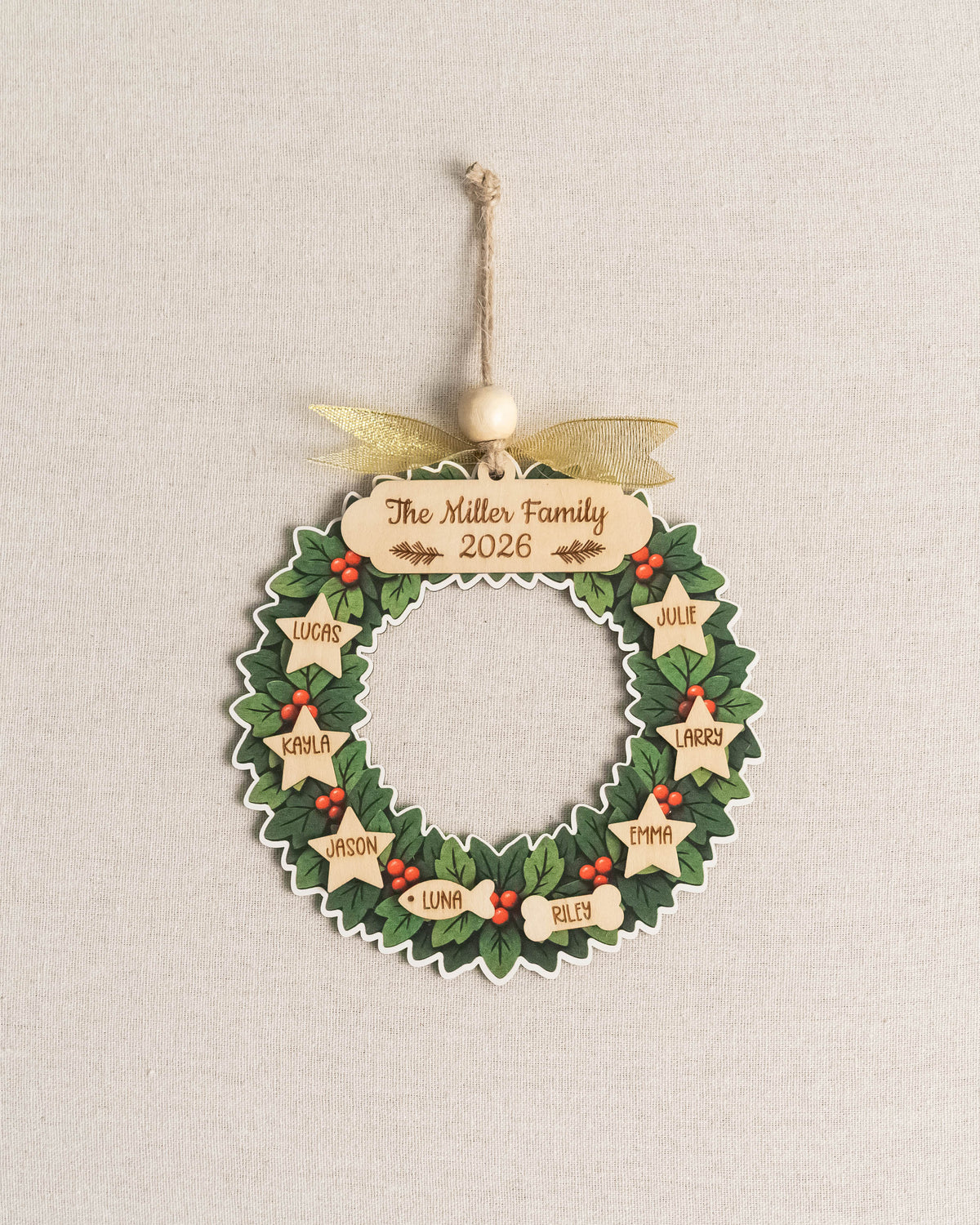 Family Wreath Ornament Wood, Christmas Tree Ornament Decor B72
